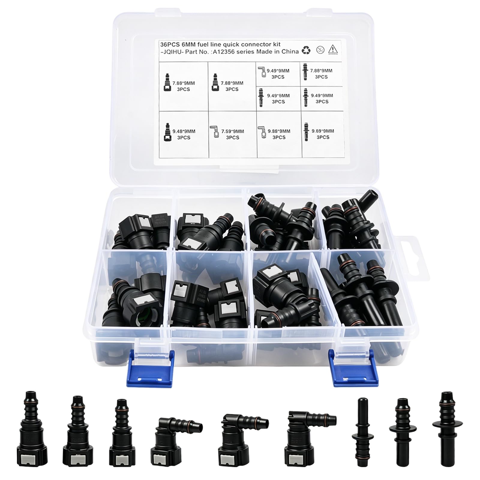 Set di 36 connettori rapidi per tubo carburante, SAE 9,89/9,49/7,89/6,3 mm, connettori ad angolo retto, ID3/6/8 mm ABS, kit di riparazione per auto, moto, barca, carburante, diesel
