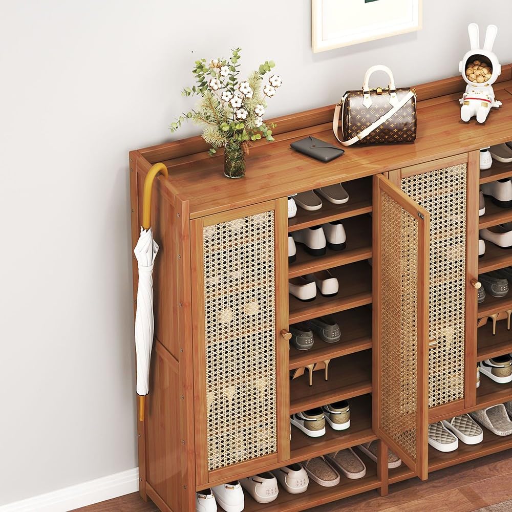 Schuhschrank aus Bambus mit 4 Rattantüren - 7 Ebenen Freistehendes Schuhregal mit Füßen, 120cm Breit - Moderner Schrank-Organizer für Flur und Wohnzimmer