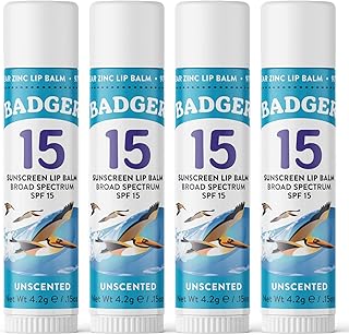 Mineral Sunscreen Lip Balm SPF 15, Reef Safe, Zinc Oxide, Unscented, Travel Size, SPF Lip Balm Sunscreen Stick, .15 oz 4-Pack