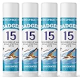Badger Mineral Sunscreen Lip Balm SPF 15, Reef Safe, Zinc Oxide, Unscented, Travel Size, SPF Lip Balm Sunscreen Stick, .15 oz 4-Pack