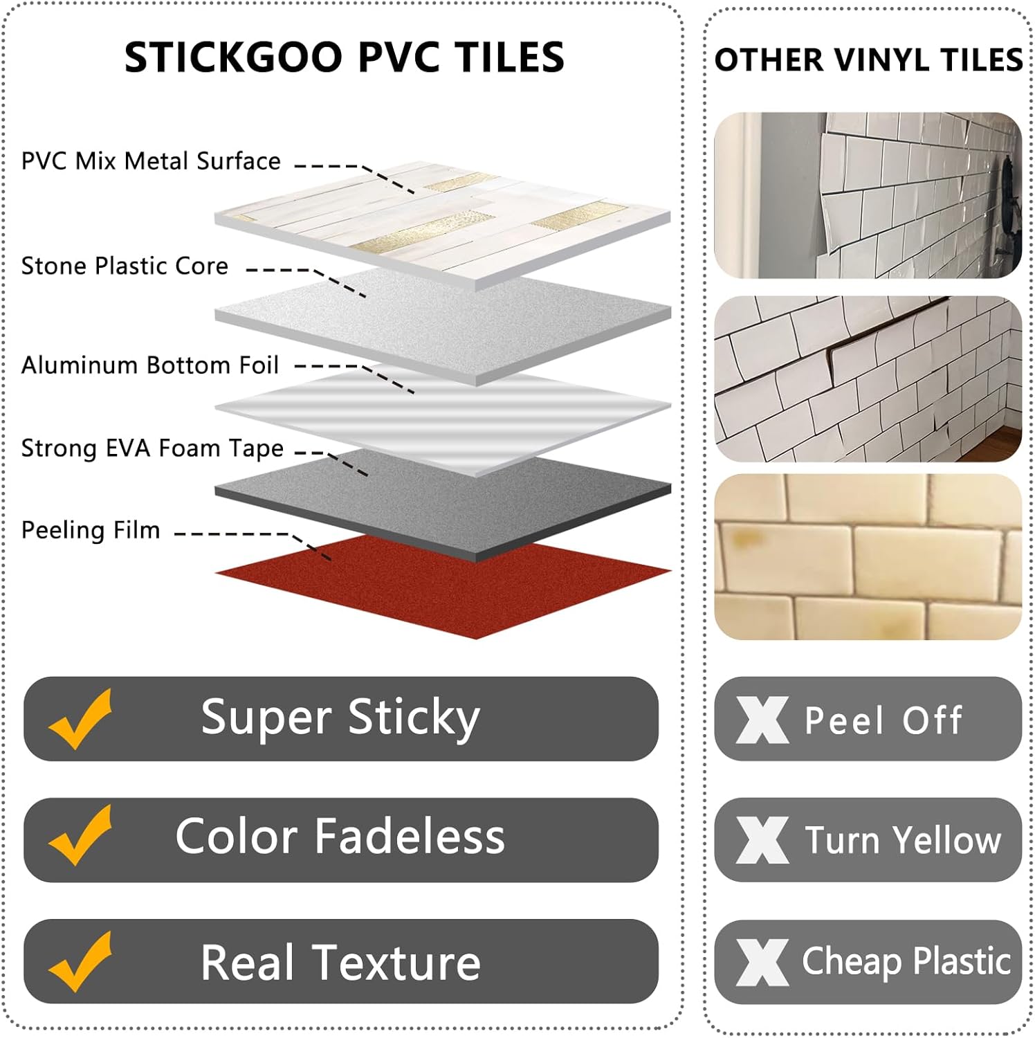 STICKGOO 20 Sheets Peel and Stick Backsplash Tile, Stick on Backsplash for Kitchen and Bathroom, Glossy Eurasian Wood Grain PVC Mixed Metal Gold Self Adhesive Wall Tiles
