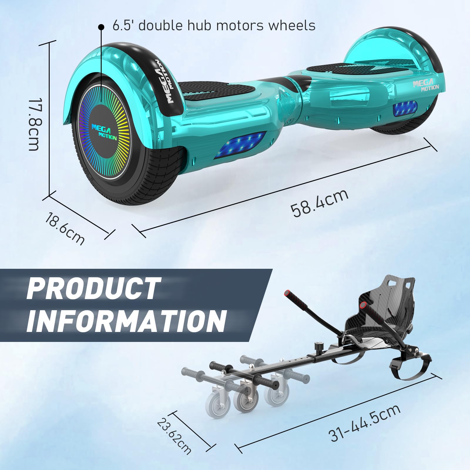 MEGA MOTION 6.5 Zoll Hoverboards mit Sitz für Kinder, Geschenk für Kinder, mit Bluetooth-Lautsprecher-leistungsstarkem Motor, mit LED-Leuchten