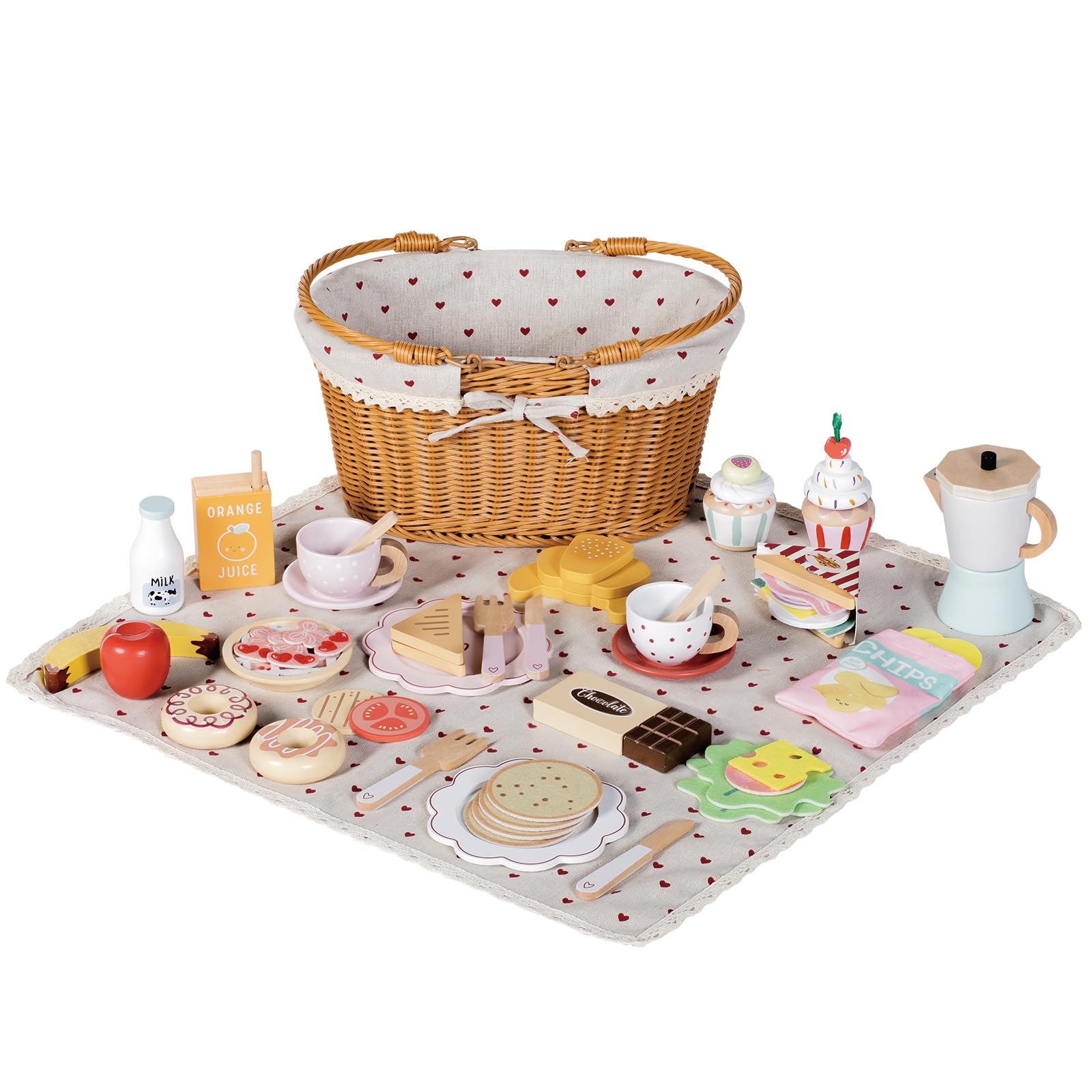 Wooden Play Food Toy for Kids - Premium Wooden Toy Food - Kitchen Accessories Pretend Picnic Toy Set with Basket - Pretend Play Montessori Toys Gifts for Boys Girls 3+ years old