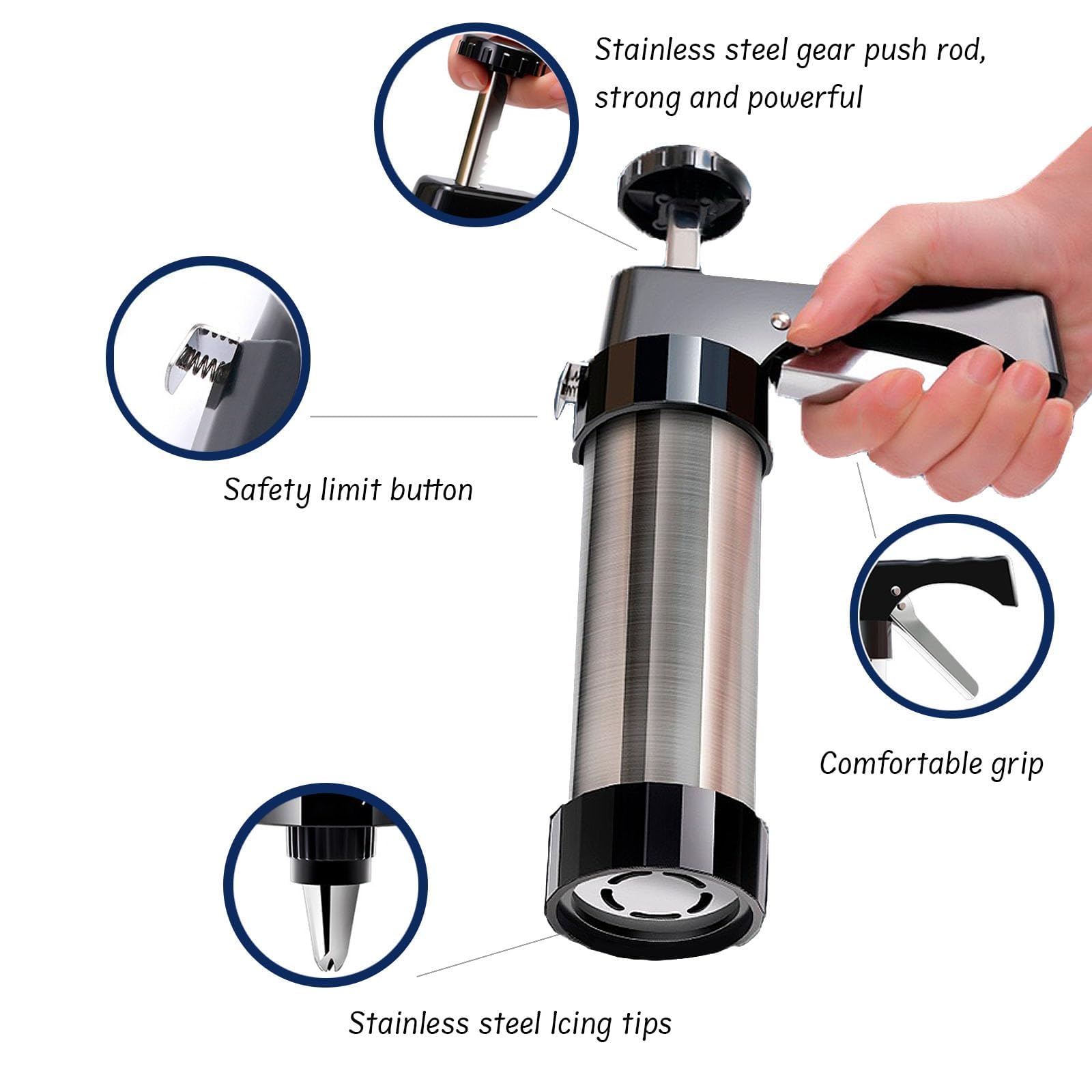 Cookie Press Kits, Pistola per Biscotti in Acciaio Inox con 7 Ugelli E 11 Taglierini, Ritorno Automatico E Impugnatura Ergonomica, Stampo Multiuso per Biscotti DIY Dessert