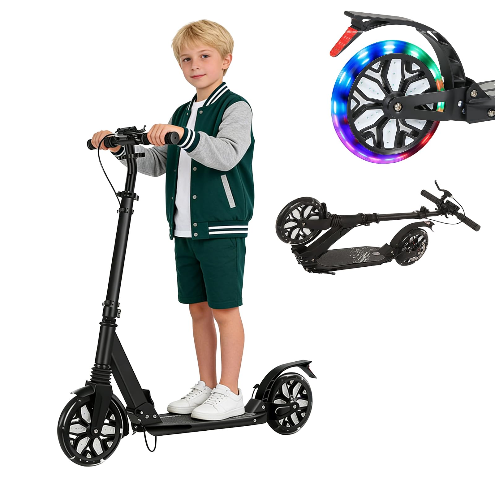 Kick Scooter for Ages 13+, Teens and Adults. Led Light Up Wheels, 4 Levels Adjustable Handlebar, Dual Brakes, Anti-Slip Pedal, Foldable 8in Big Wheels for Kids (300lbs)