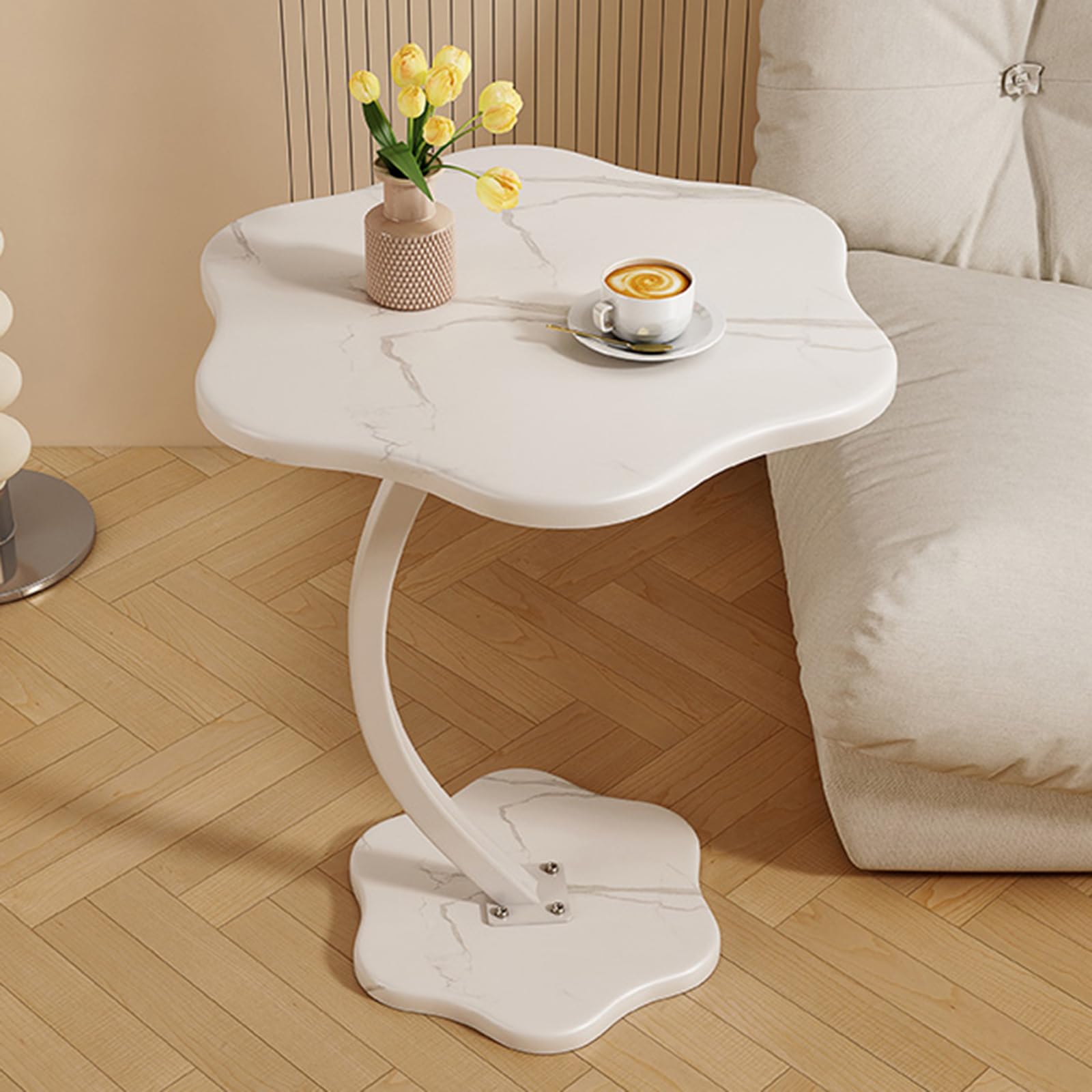 C Shaped Side Table, White End Table for Couch, Marble Texture