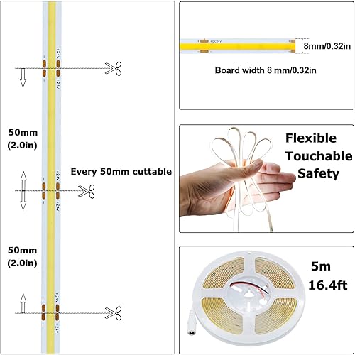 Miniatura 3 de Tira de luz LED COB de 24 V, blanco frío, 6000 K, 2400 LED, 16.4 pies, CRI 93+ 4500 lm, brillo uniforme, sin puntos, flexible, IP20, no impermeable,