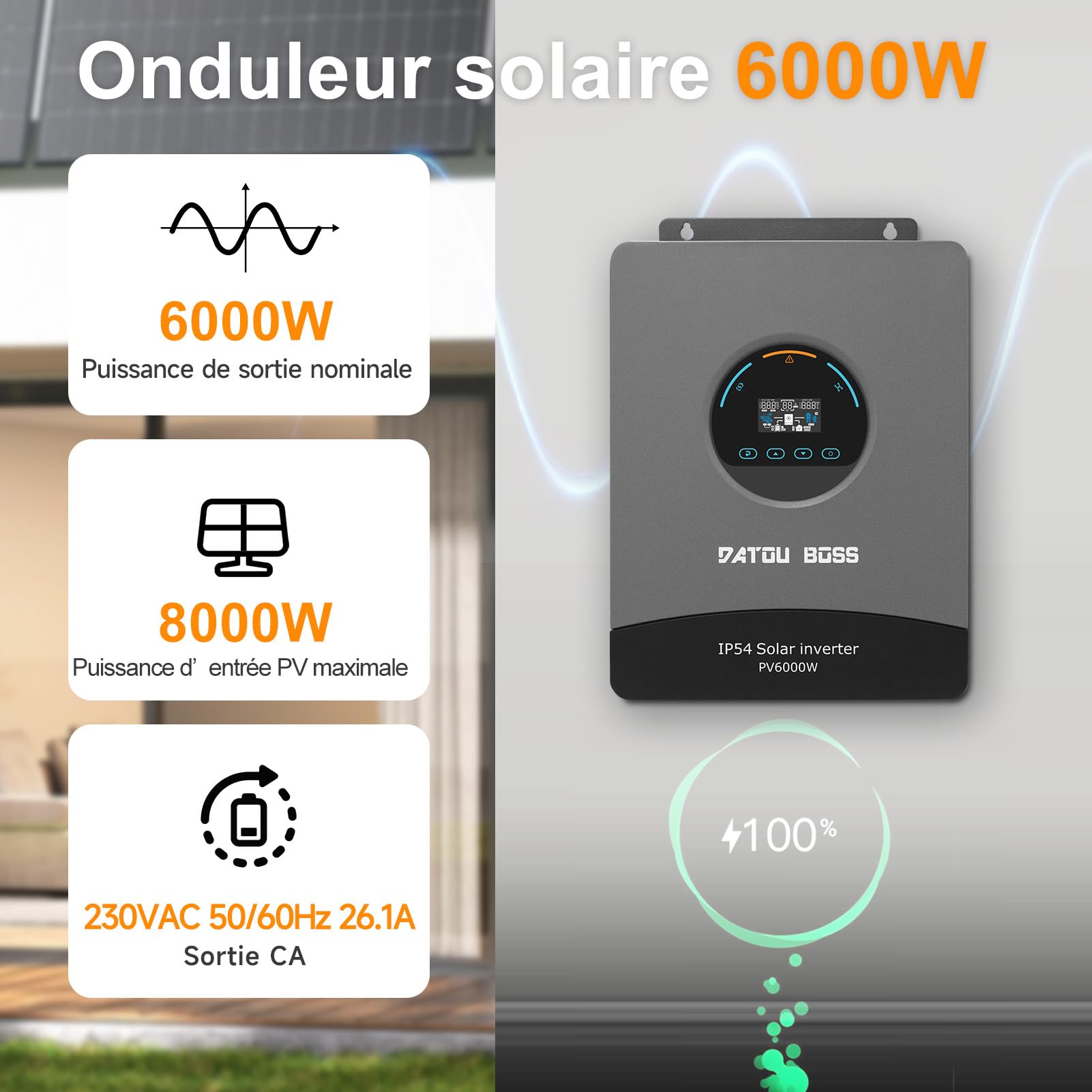 DATOUBOSS Onduleur Solaire Hybride 6000W 48V Pure Sinus, Champ PV jusqu'à 8000W, Régulateur MPPT intégré 120A, Protection Contre la Foudre et l'eau, Compatible avec Batteries Lithium 48V (48V 6000W)