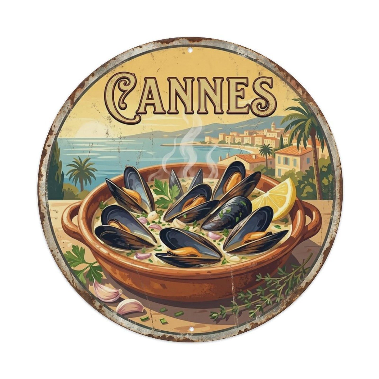 Cannes Mussels French Riviera Cuisine Travel Vintage Metal Tin Sign