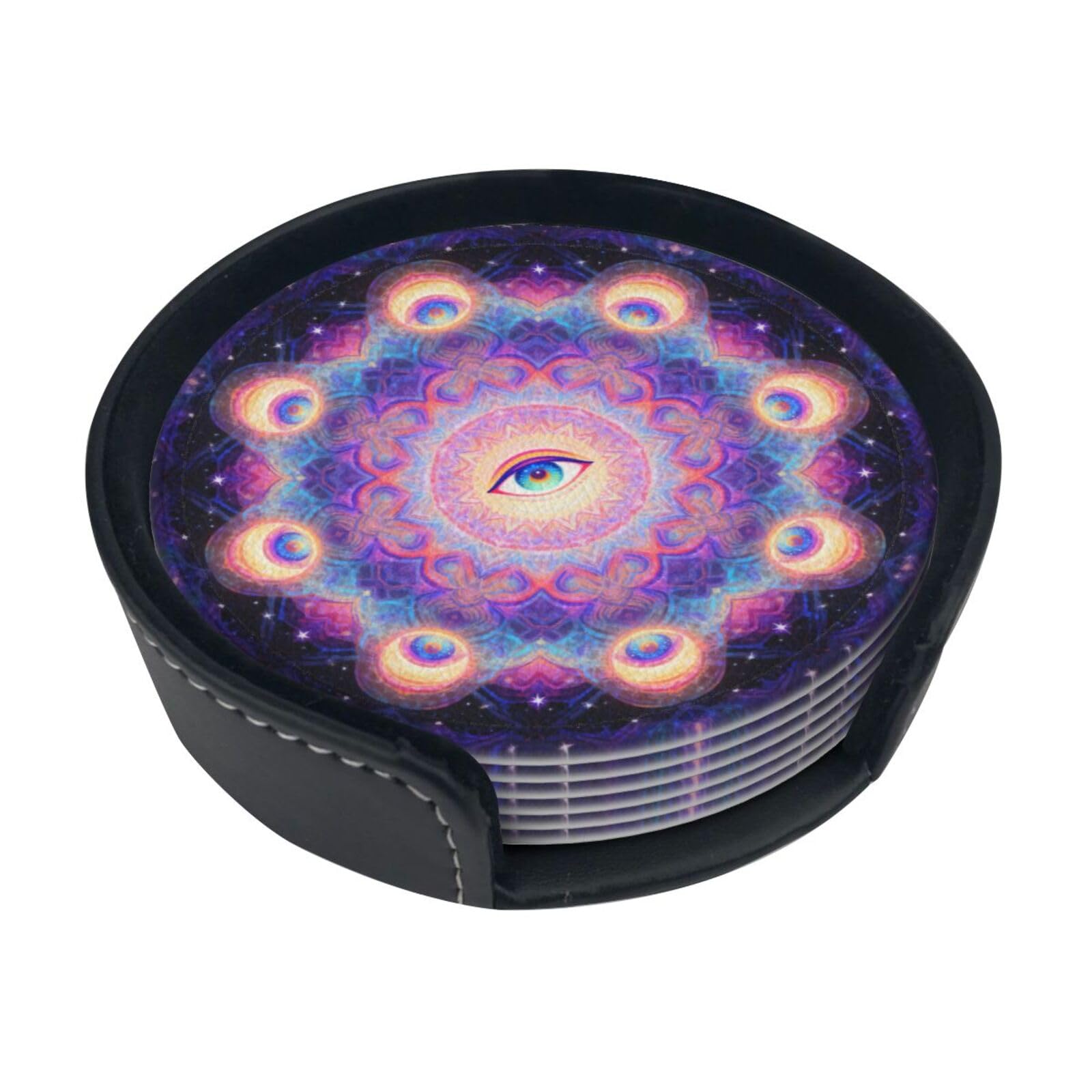 Cntdbu White Psychedelic Eyes Leather Coasters Set Of 6-Pu Leather Drink Mats For Table, Heat Resistant Round Coasters With Holder