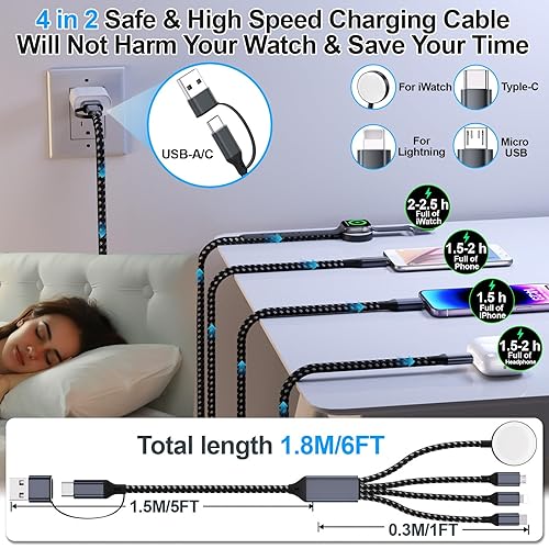 Miniatura 3 de Cable de carga de 6 pies1.8M para iWatch, cable multicarga rápido de nylon trenzado de 4 en 2 USB AC a puerto iOSTipo CMicro USBCable de carga para