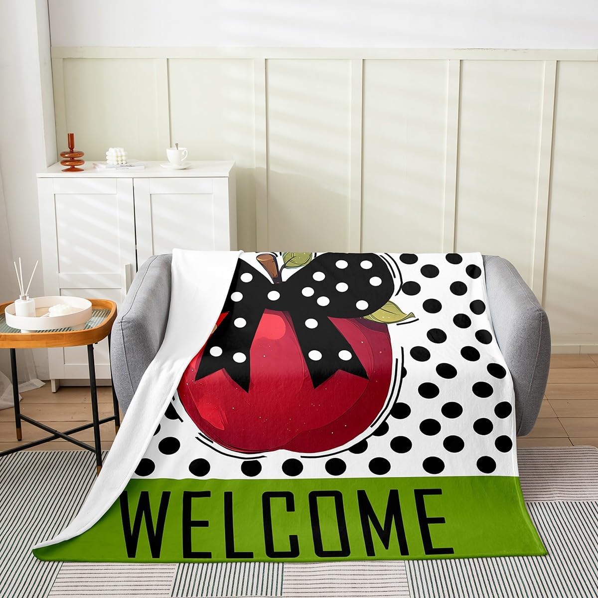 Red Apple Fleece Blanket,Sweet Fruit Graffiti School Theme Bed Blanket for Kids Teens,Cute Polka Dots Princess Bowknot Flannel Blanket for Room Decor,Queen 90"x90"