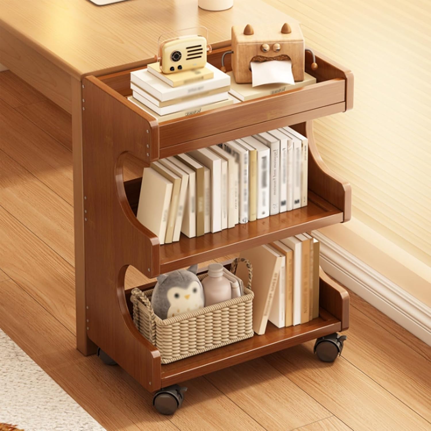 Bamboo Rolling Book Cart, 3 Tier Mobile Bookshelf with Wheels, Rear Anti-Drop Back Panel, Multi-Functional Miscellaneous Item Storage Cabinet for Study Office Home