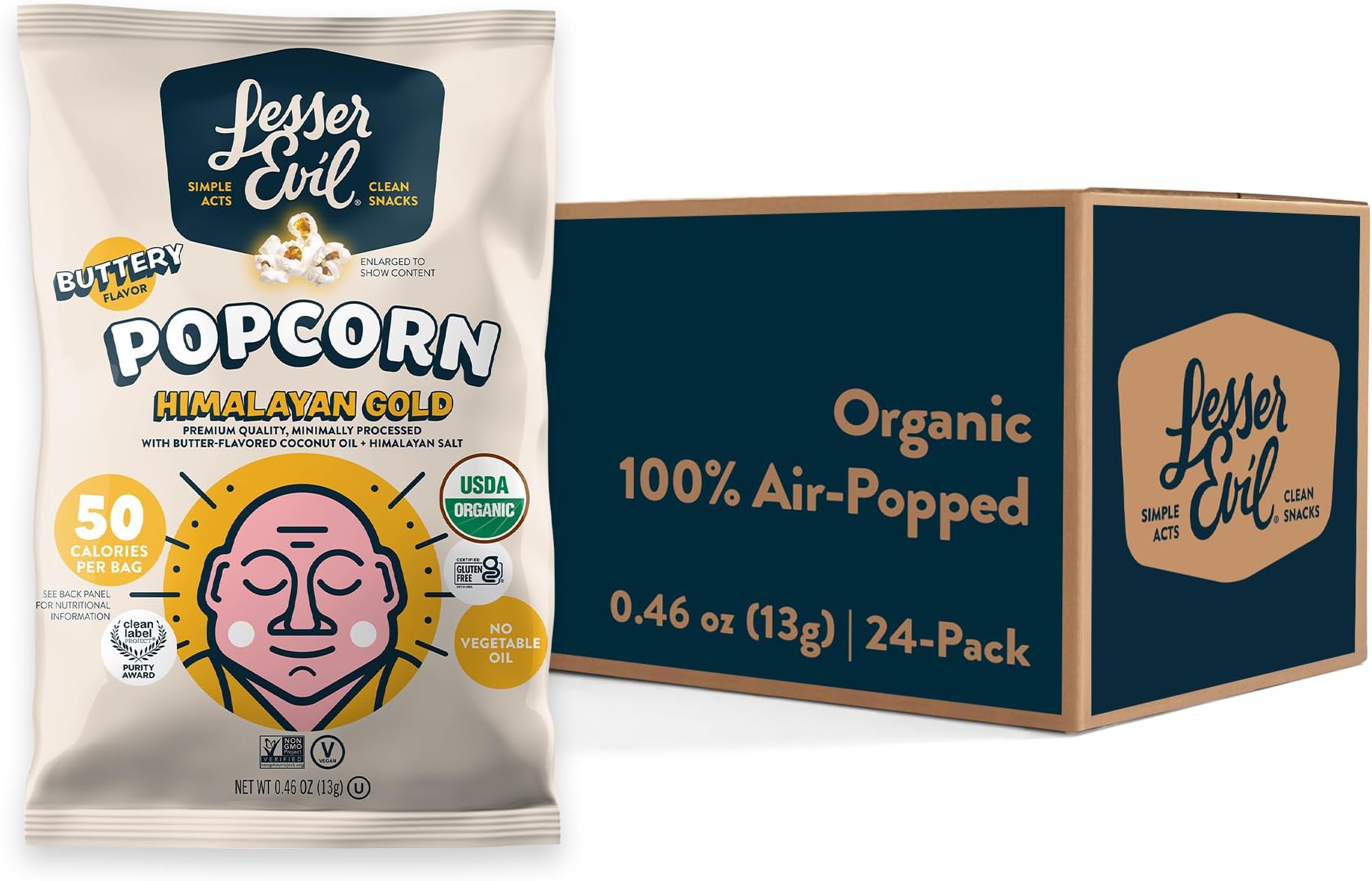 LesserEvil Himalayan Gold Salt Organic Popcorn, Premium Quality, Minimally Processed, No Vegetable Oil, 0.46 Oz, (Pack of 24)