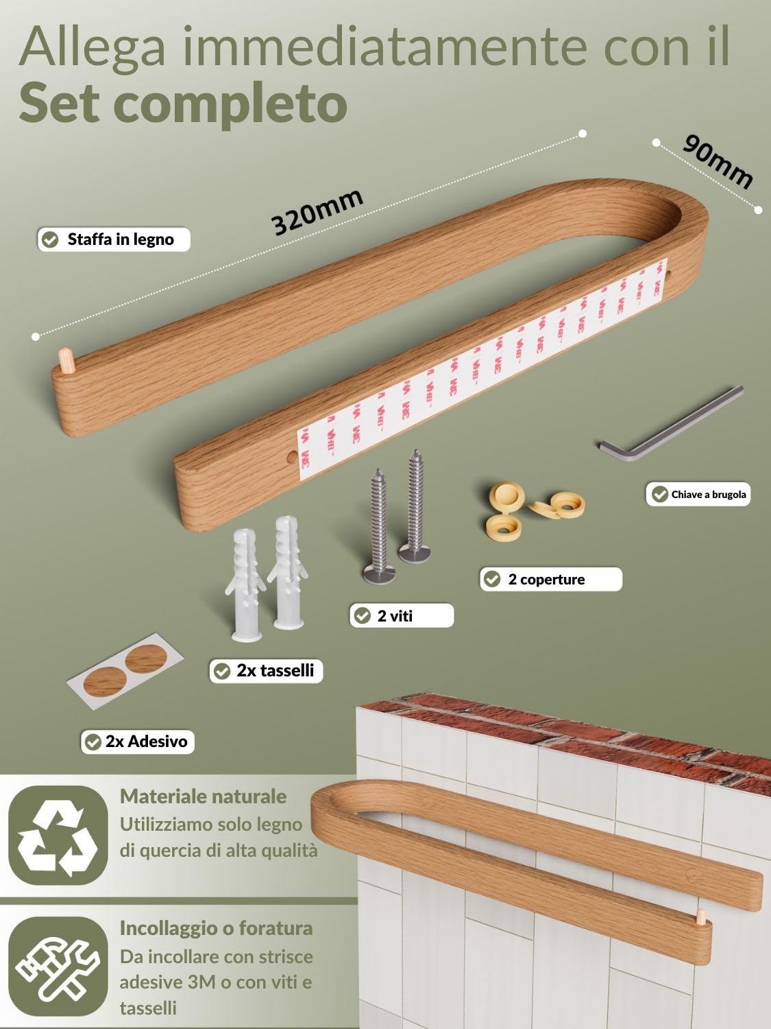 DEKAZIA® Portasciugamani Legno da Parete | Senza Forare | Porta Asciugamani in Quercia Sostenibile | Barra da Forare o Incollare | Portasciugamani Quercia | Portarotolo Cucina