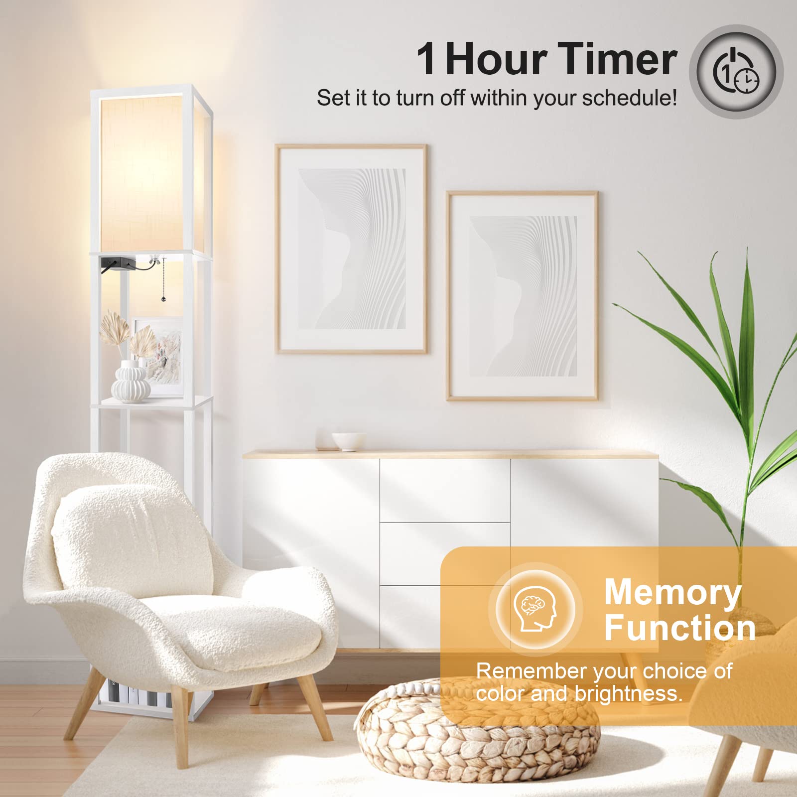 OUTON Lampadaire LED avec Étagères, Dimmable, Télécommande, 4 Températures, USB, Blanc