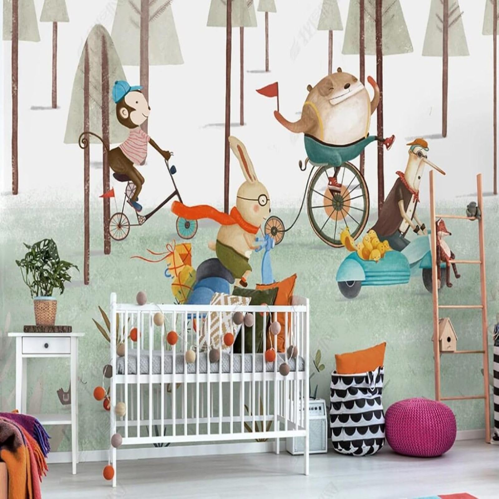 XLMING Hand Drawn Forest Cartoon Animals Rabbits Monkeys 3D Wallpaper Silky Texture Home Study Office Grey Dining Room Sofa Bedroom Living Room TV Backdrop-350cm×256cm