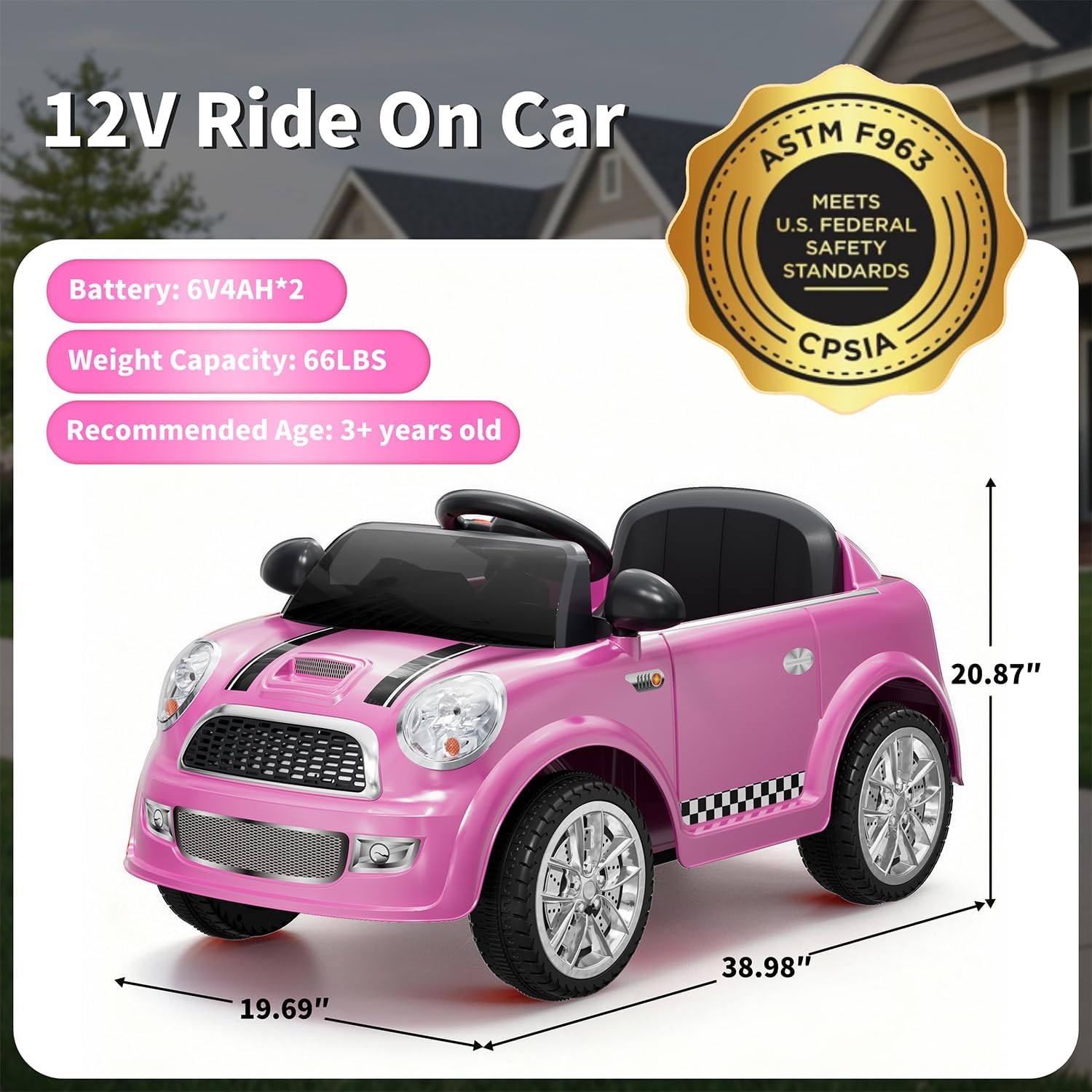 12V Ride on Car for Kids, Electric Toy Car with Remote Control, 4Ah Battery-Powered, w/Parent Control, Music, Safety Belt & LED Light, Gift for Boys Girls Ages 3-8 (Pink)