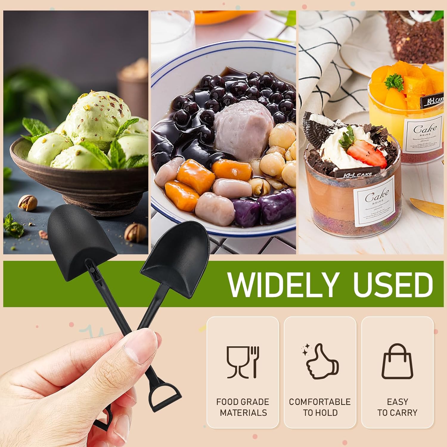 100PCS Mini Shovel Spoons for Desserts, Individual Packing Mini Shovel Spoons, Black Plastic Shovel Shaped Spoon for Party or Family - Image 4