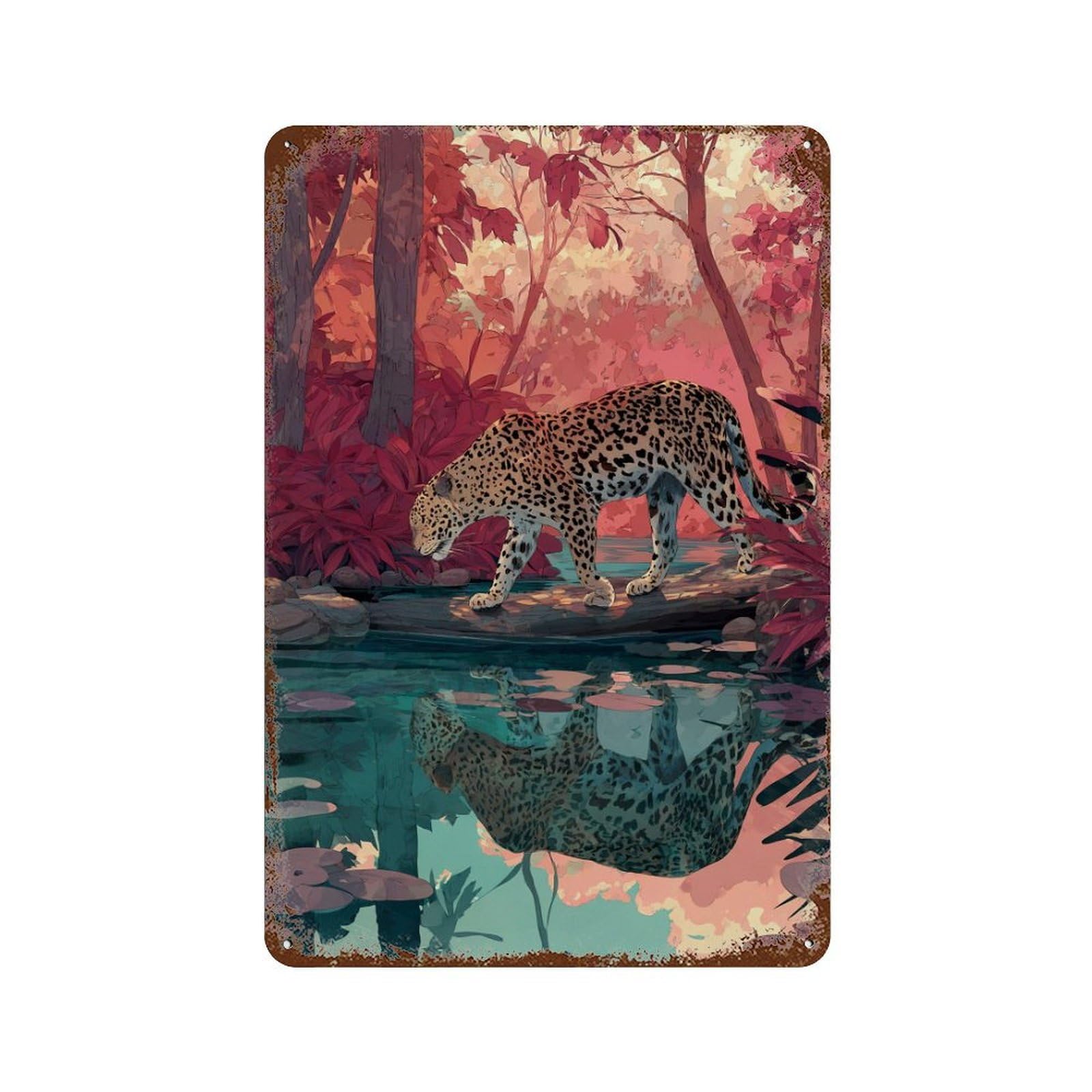 Rust Effect Amazon Rainforest Jaguar Reflection Rustic Tin Plaque 11.8"x7.9", Old School Wall Decor for Shed, Workshop And Garage Wall Decor