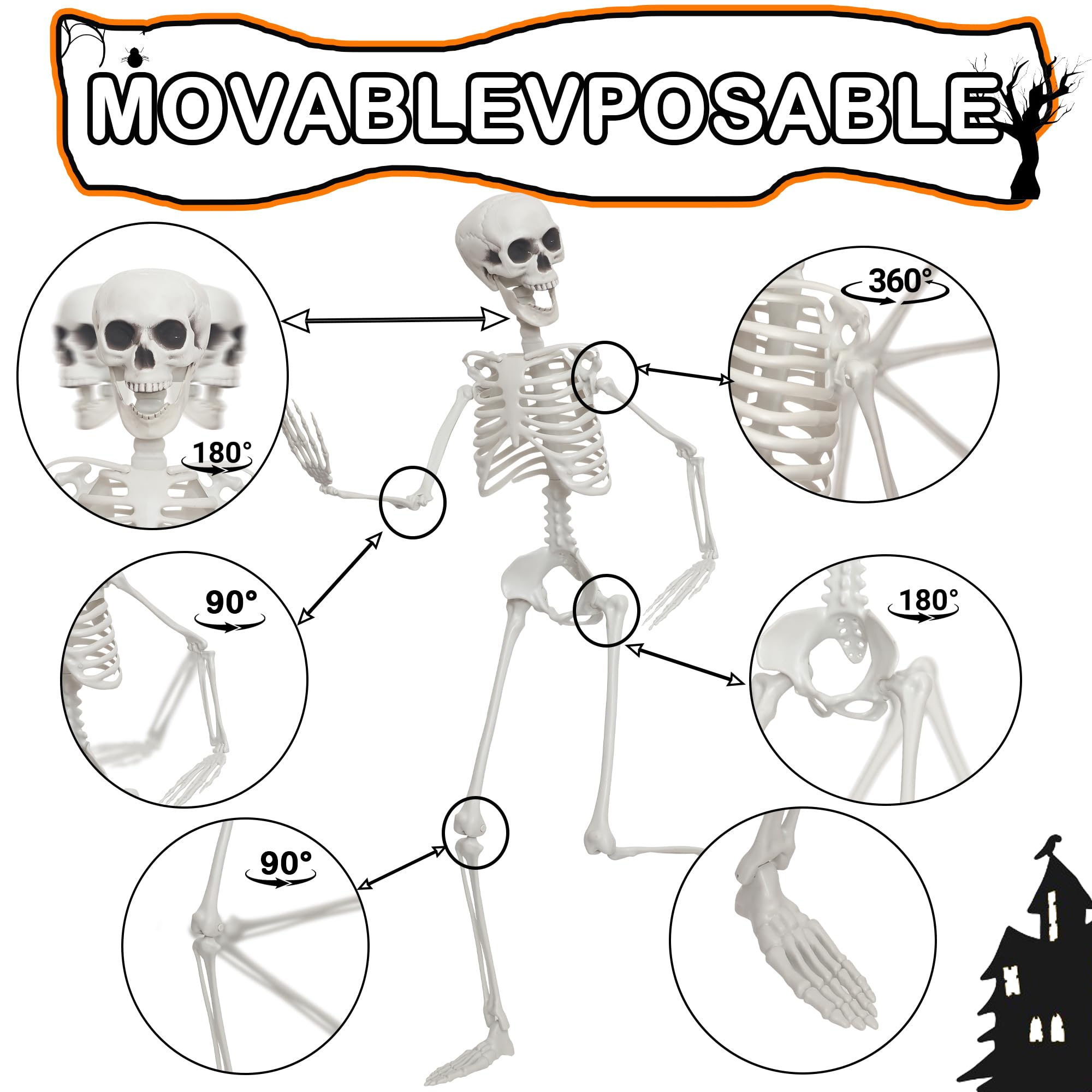 Scheletro di Halloween da 90 cm, a grandezza naturale, con giunti mobili, per feste di Halloween, forniture per la casa infestata