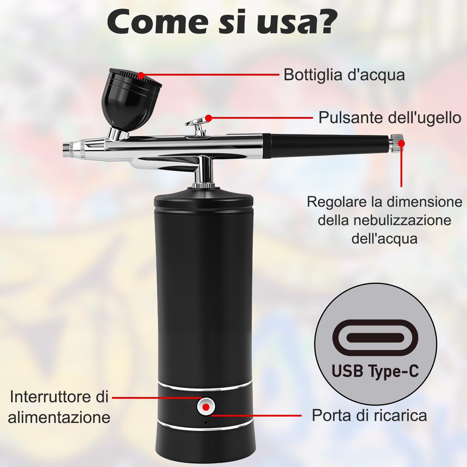 Set aerografo portatile con compressore, Plus | Pistola aerografo ricaricabile da 950 mAh, per nail art, decorazione di torte, trucco, tatuaggi, modellismo
