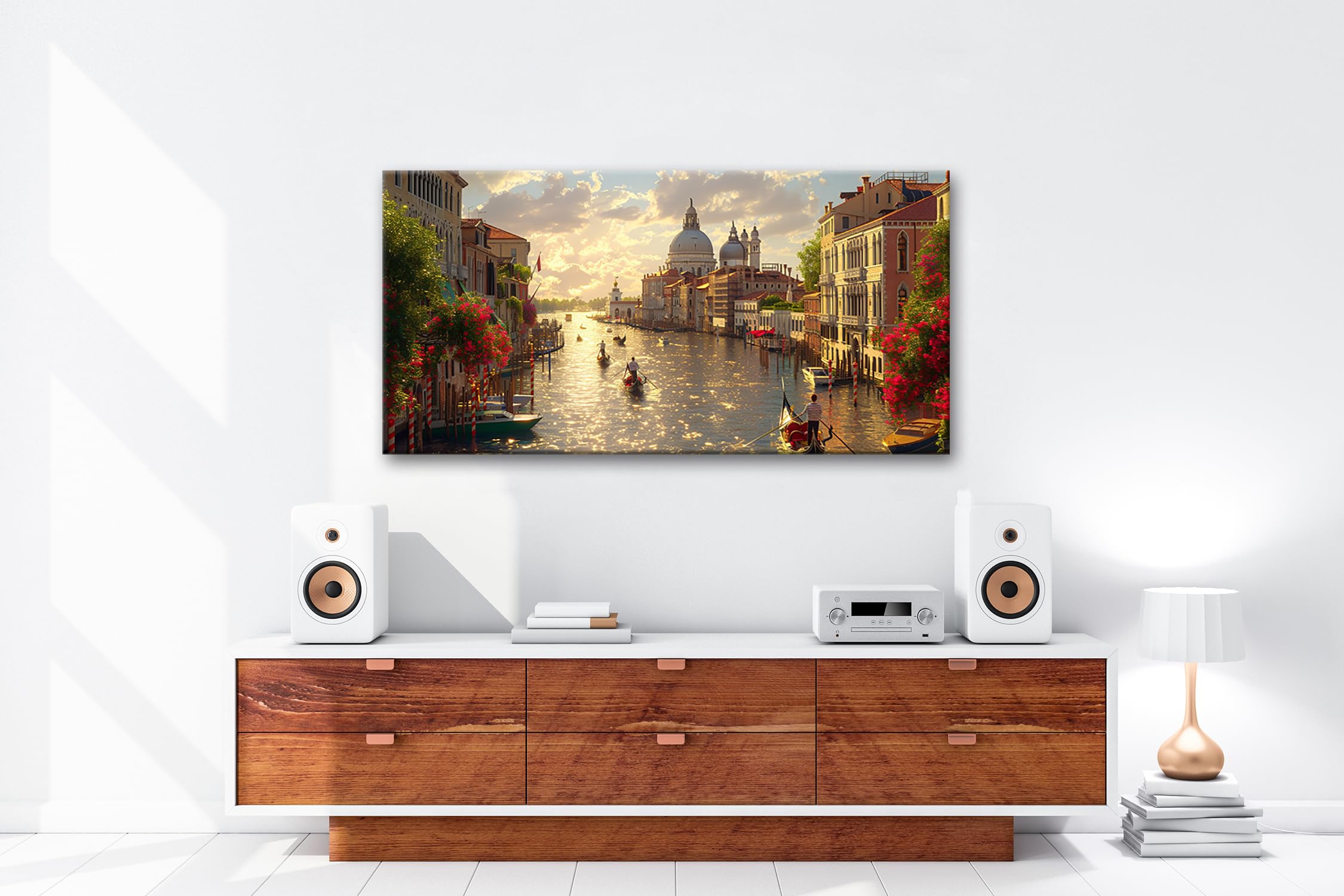 Leinwandbild Glänzendes Venedig im warmen Abendlicht Panorama 120x60cm XXL Kunstdruck Bild auf Keilrahmen/Wandbild/Wohnzimmer Dekoration