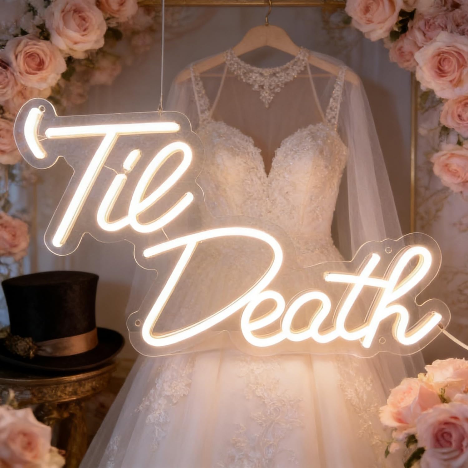 Tie Death Neon Sign LED Light Up Letters for Wall Decor, Warm White Neon Lights for Wedding Proposal Party Decorations, Bedroom Art Decor Marriage Proposal Sign