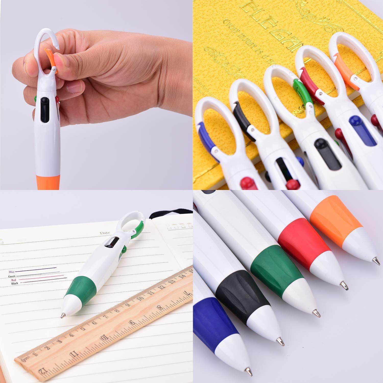 Onwon 6 Pieces Retractable Shuttle Pens 4 Neon Color in One Ballpoint Pen with Buckle Clip on Top Multi-Color Carabiner Keychain for Office School Supplies Students Children Gift (6 Pcs)