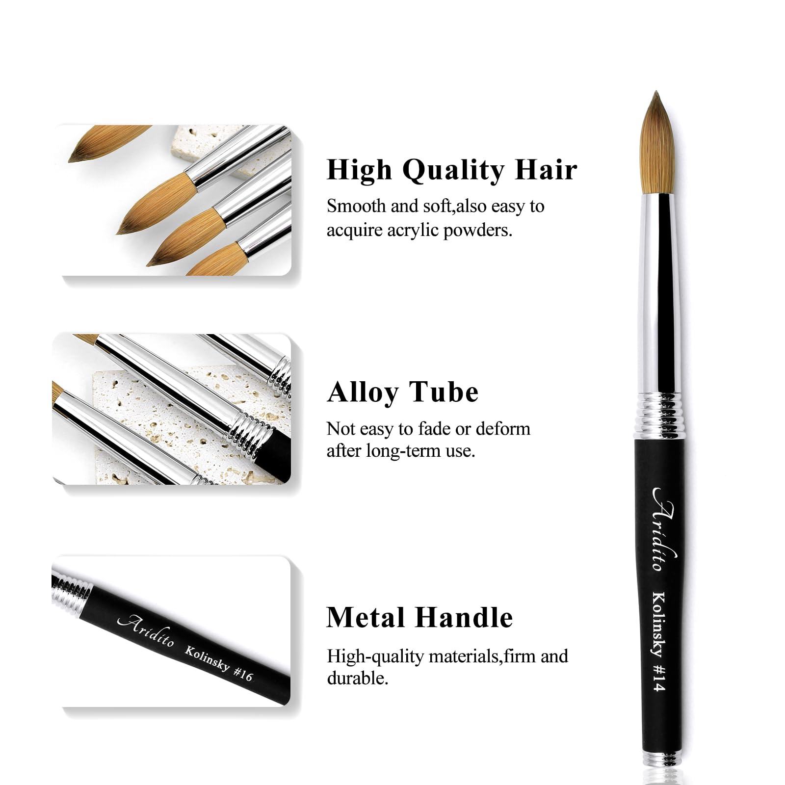 Kolinsky 100% puro pennello acrilico per nail art con manico in metallo nero per manicure professionale fai da te salone domestico (#12#14#16#18) (#12)