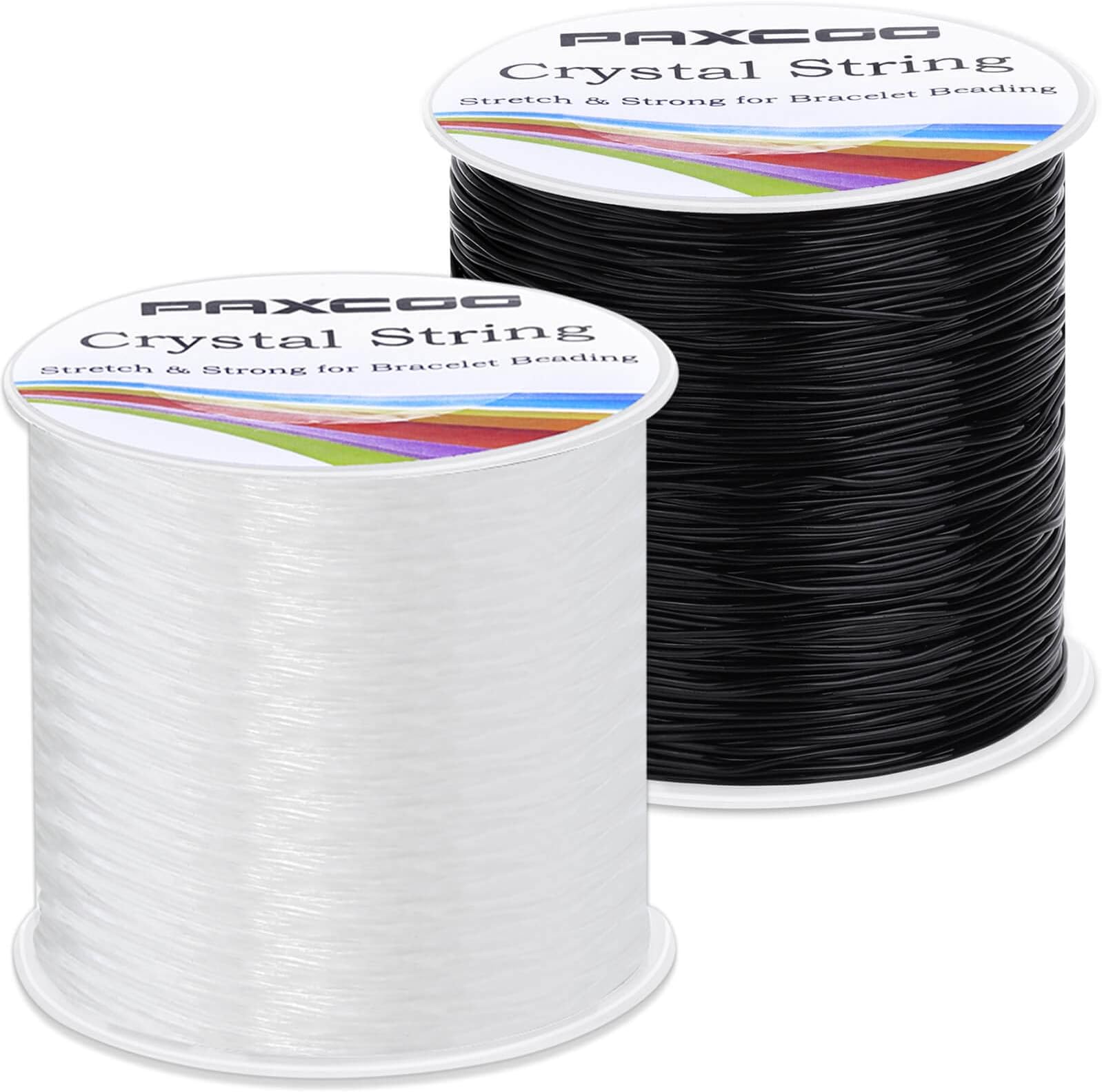Paxcoo Bracelet String, 2 Rolls Elastic Stretchy Bead String Cord for Clay Beads Kandi Pony Beads Bracelets Jewelry Making (0.8MM, Crystal & Black)