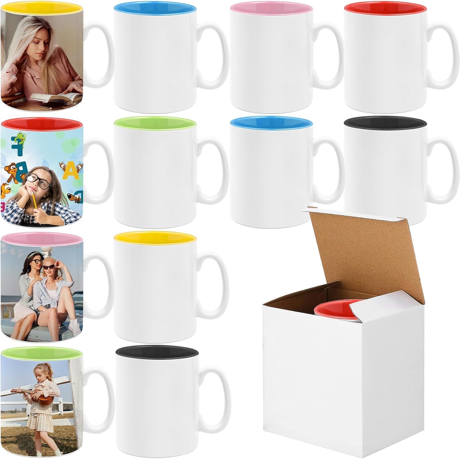 MALLOOM Mugs de Sublimation 11 oz Vierges, Lot de 12 Tasses à Café pour Sublimation, Mugs Vides Couleurs Assorties