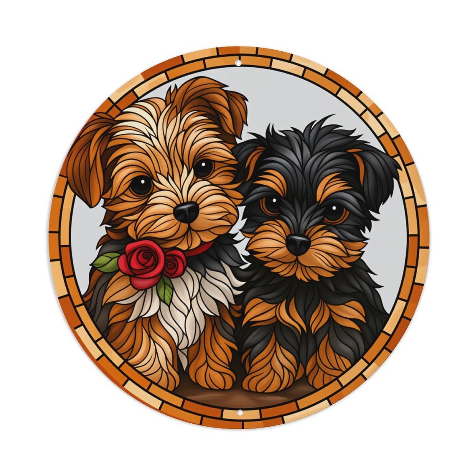 Jdyaojiesheng Vintage Yorkshire Terrier Duo With Rose Round Tin Sign Retro Metal Wall Decor Metal Poster, Home Bar Garage Farmhouse Cafe Wall Art Decoration 8X8inches