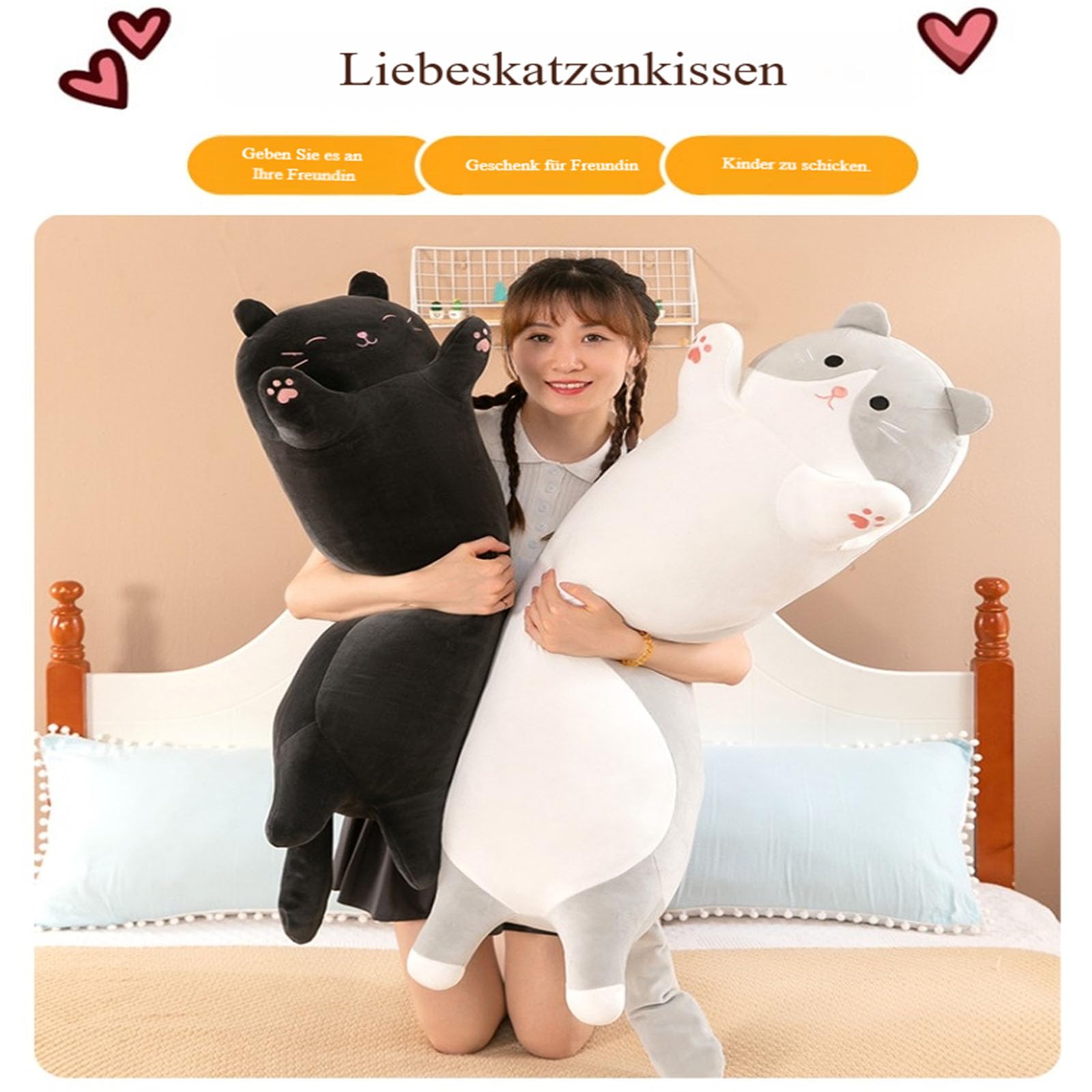 Langer Katzen plüsch Kissen, 3D niedliche Katze Plüschtiere, Puppe Spielzeug Schlafkissen, riesen XXL Kawaii plüschtier, Ausgestopftes Tier Wurfkissen, Geschenk Für Kinder Freundin (110cm,Grau)