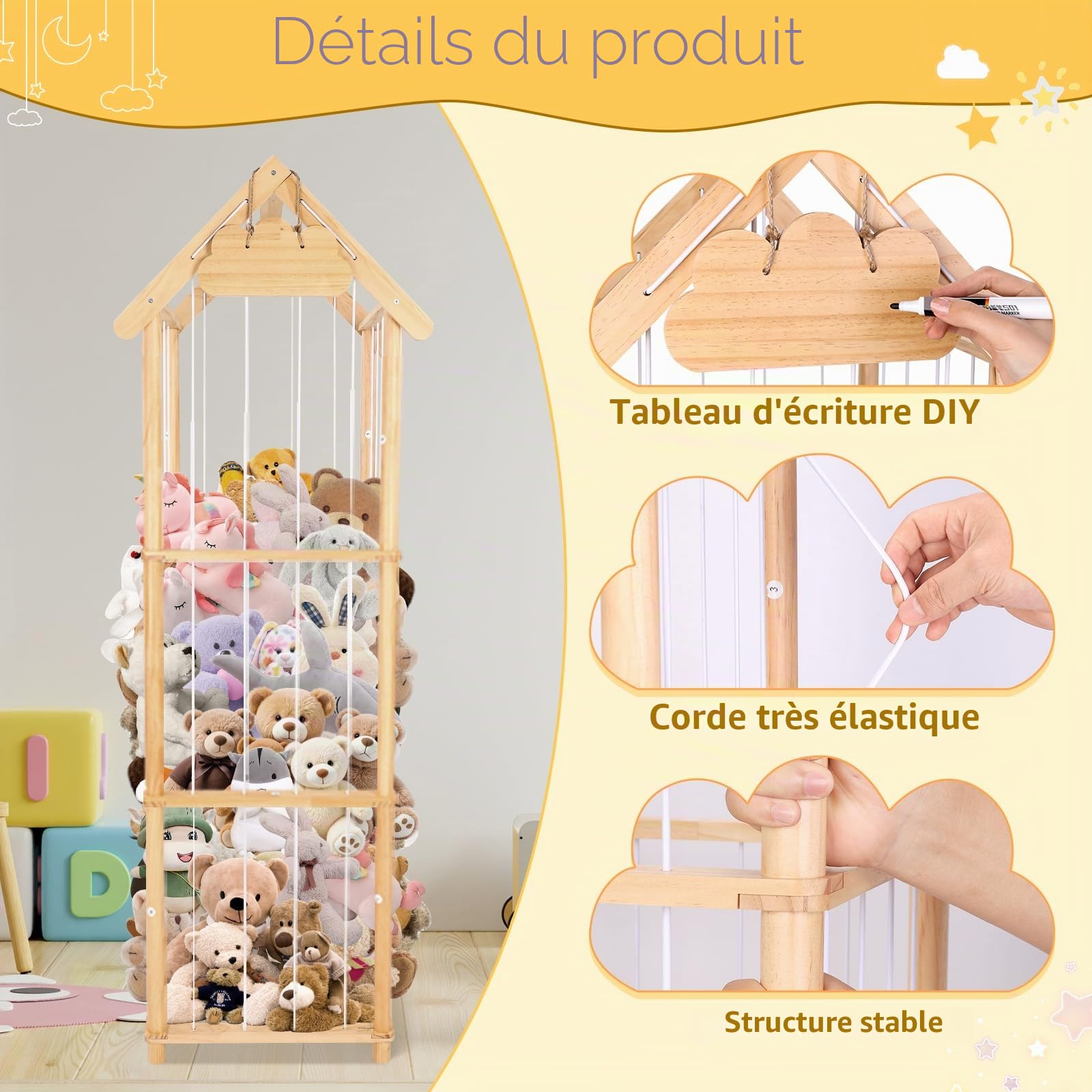 Rangement en bois pour doudou - 150 x 42 x 40 cm - Offre de la place pour les grandes peluches - Rangement pour chambre d'enfant, salon, salle de jeux, chambre à coucher