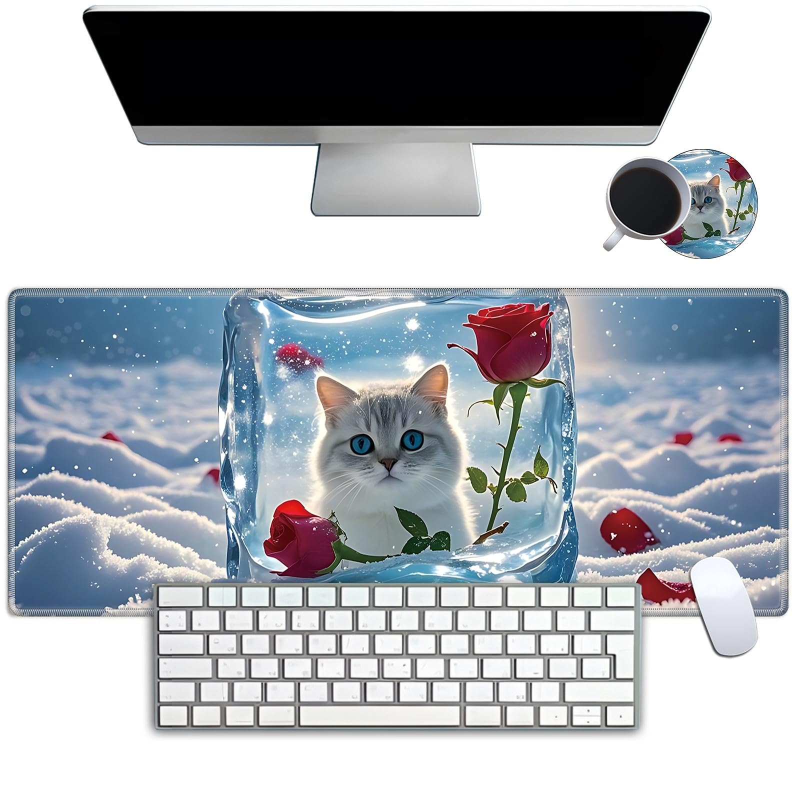 Alfombrilla de ratón para juegos de 31.5 x 11.8 pulgadas, XXL grande + posavasos, alfombrilla de escritorio con bordes cosidos, base de goma antideslizante, alfombrilla de mouse gruesa para