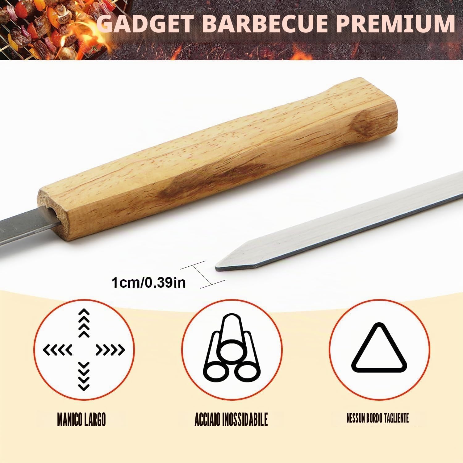8 Pezzi Spiedini in Acciaio Inox con Manici in Legno di Faggio, Spiedini Barbecue Lunghi 42 cm, Spiedo per Barbecue Riutilizzabili, Accessori Barbecue per Verdure, Carne e Salsicce