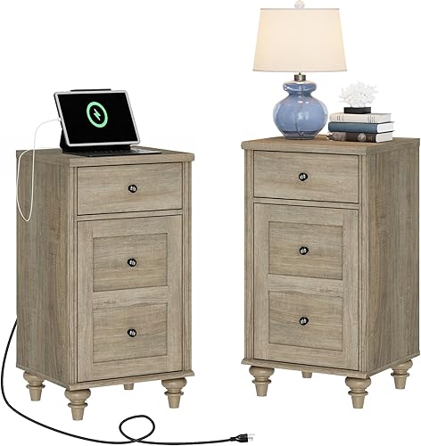 Miniatura 10 de WAMPAT Mesitas de noche con estación de carga, juego de 2 mesas auxiliares con tomas de corriente y puertos USB para sala de estar, mesa auxiliar