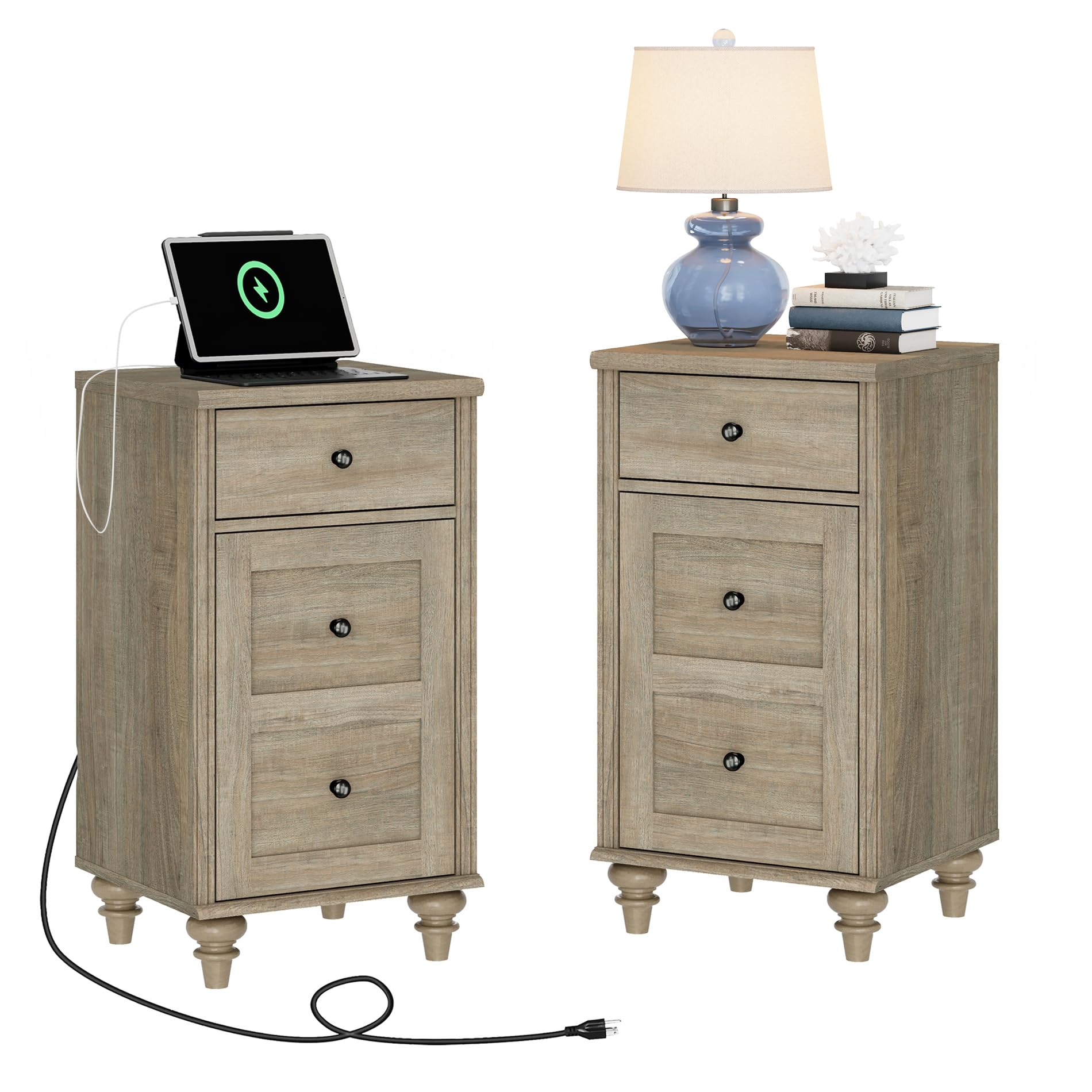wampat set of 2 end table with charging station, wood nightstands with drawer and storage cabinet, modern side tables living room set of 2, farmhouse night stands bedside table for bedroom, wash grey