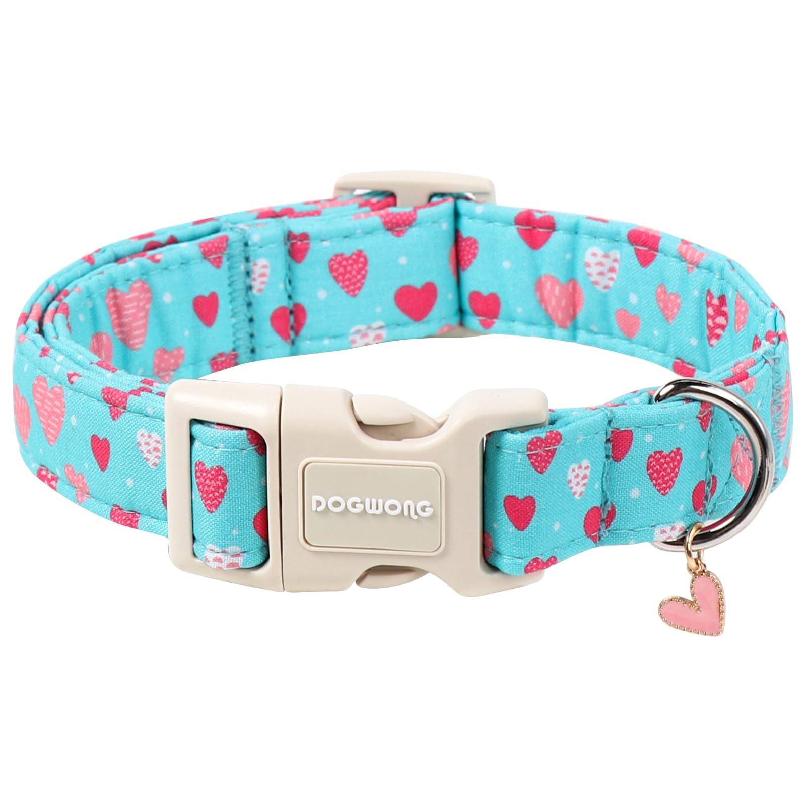 DOGWONG Valentine's Day Dog Collar, Valentine Heart Blue Dog Collar Soft Fabric Heart Collars-Girls and Boys Pet Collars for Small Medium Large Dogs, L
