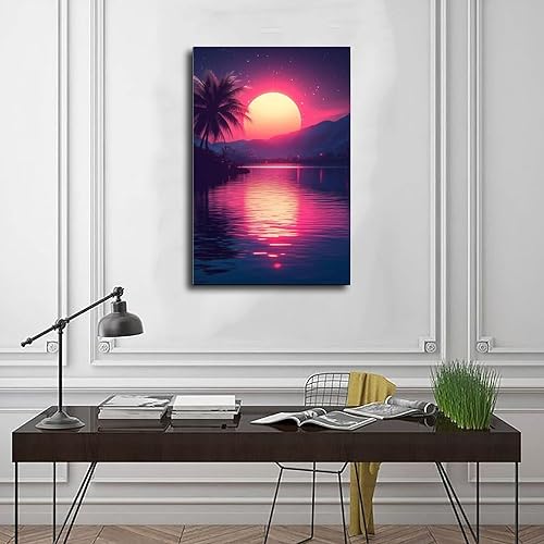 Miniatura 3 de ZMLIS Vaporwave Neon Retro City Print  Synthwave 80s Aesthetic Wall Decor  Futuristic Palm Trees Digital Poster Poster for Room Aesthetics Canvas