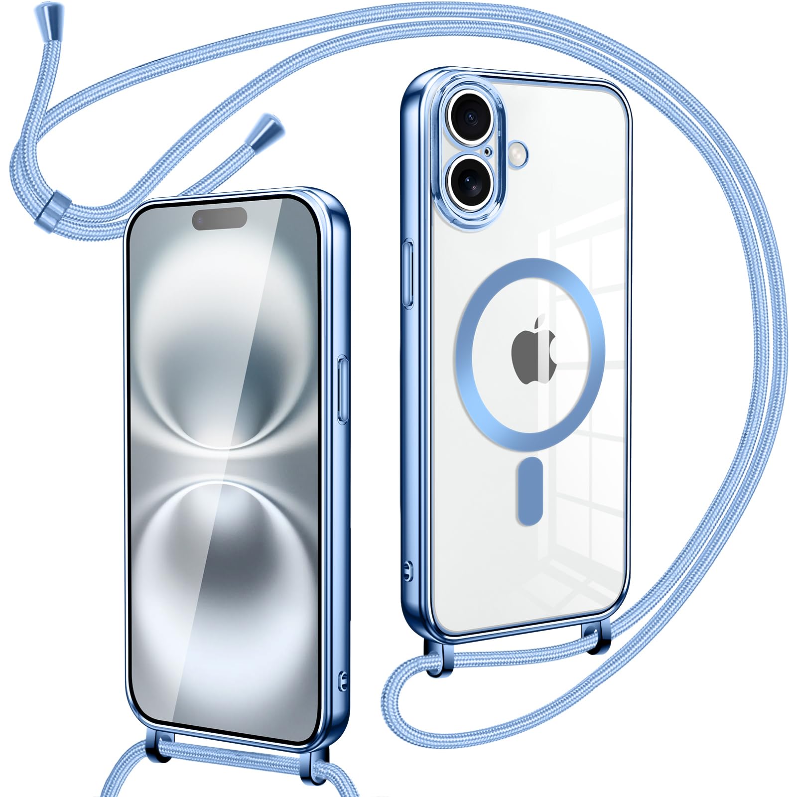 Oelrstfe Cover Magnetica Trasparente con Cordino per iPhone 17 con Magnetico,Custodia Sottile con Laccio Collana Tracolla Regolabile Antiurto Case con Collana per iPhone 17-Blu