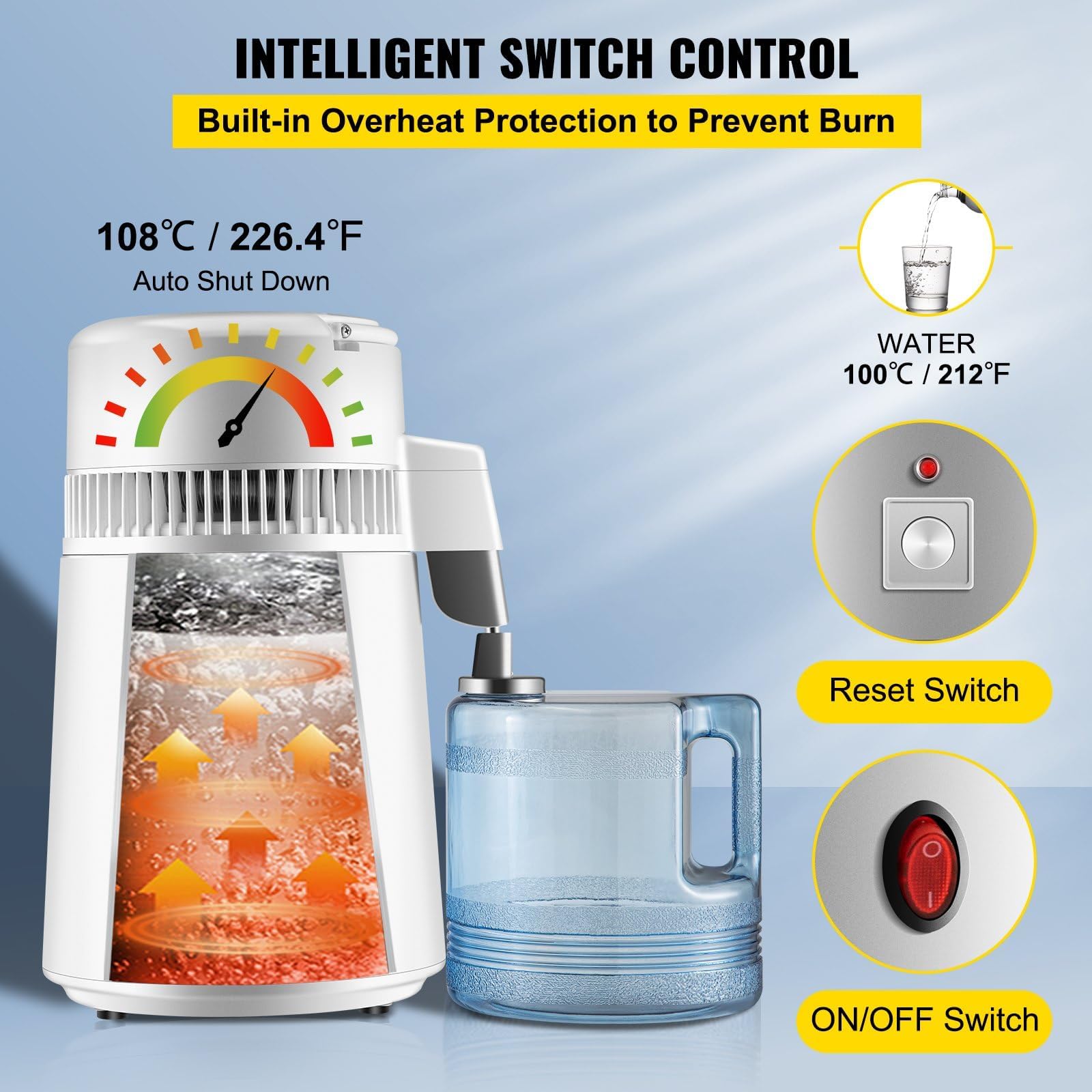 Máquina de Agua Destilada 4L Destilador de Agua Potable para Destiladores de Agua de 750W 1,2-2 L/H Destiladores de Agua,Destiladores Blancos de Acero Inoxidable 304,con Mango,Termostato