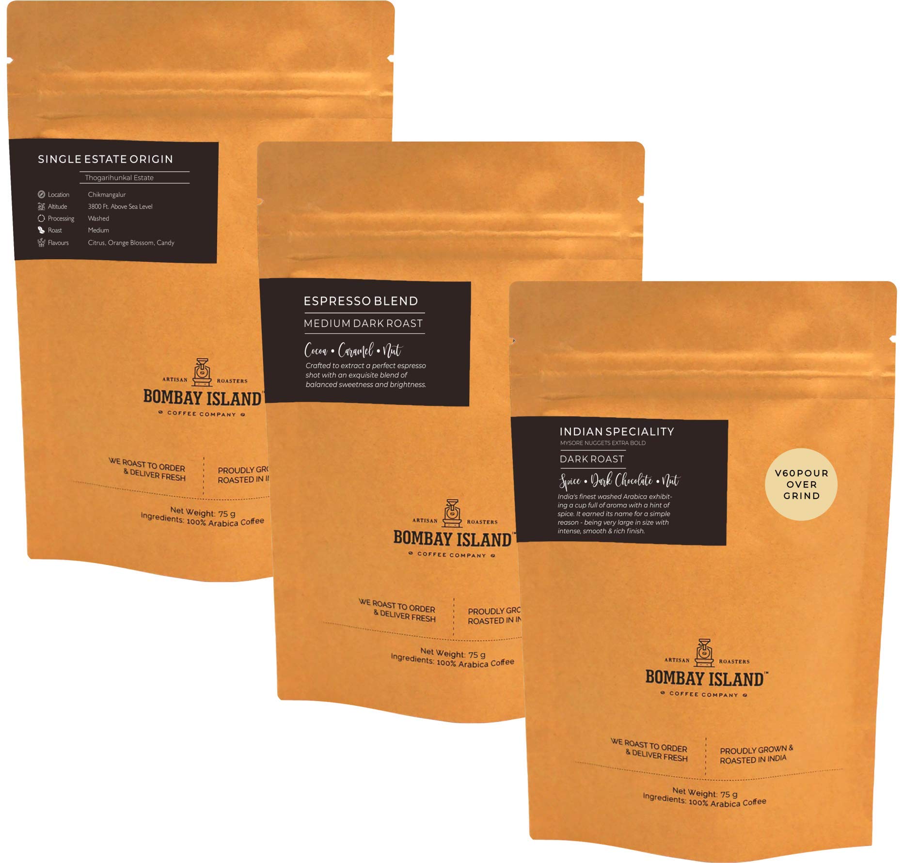 Bombay Island Coffee | Taster Pack | Pack of 3 x 75 Gm | Freshly Roasted 100% Arabica | Pour Over Grind