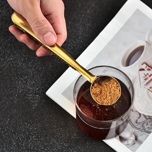 Miniatura 3 de Paquete de 3 cucharas de café doradas con clip para bolsa de alimentos, juego de cuchara medidora de café multifunción, cuchara de café, cuchara de