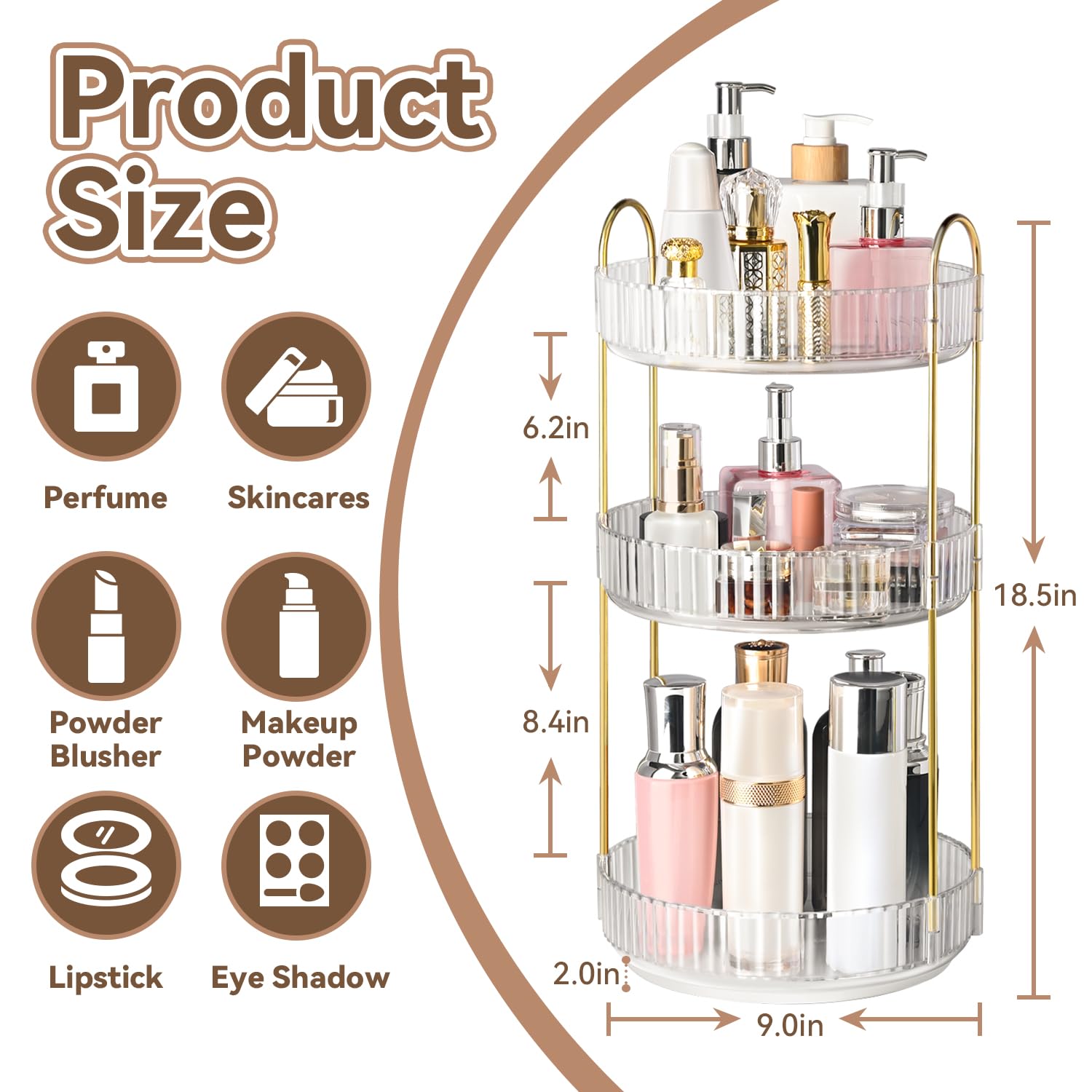 Brothersbox Obrotowy organizer do makijażu na toaletkę, 3-poziomowe organizery na perfumy, organizery do pielęgnacji skóry i przechowywanie na blat łazienkowy, spinningowy organizer kosmetyczny do