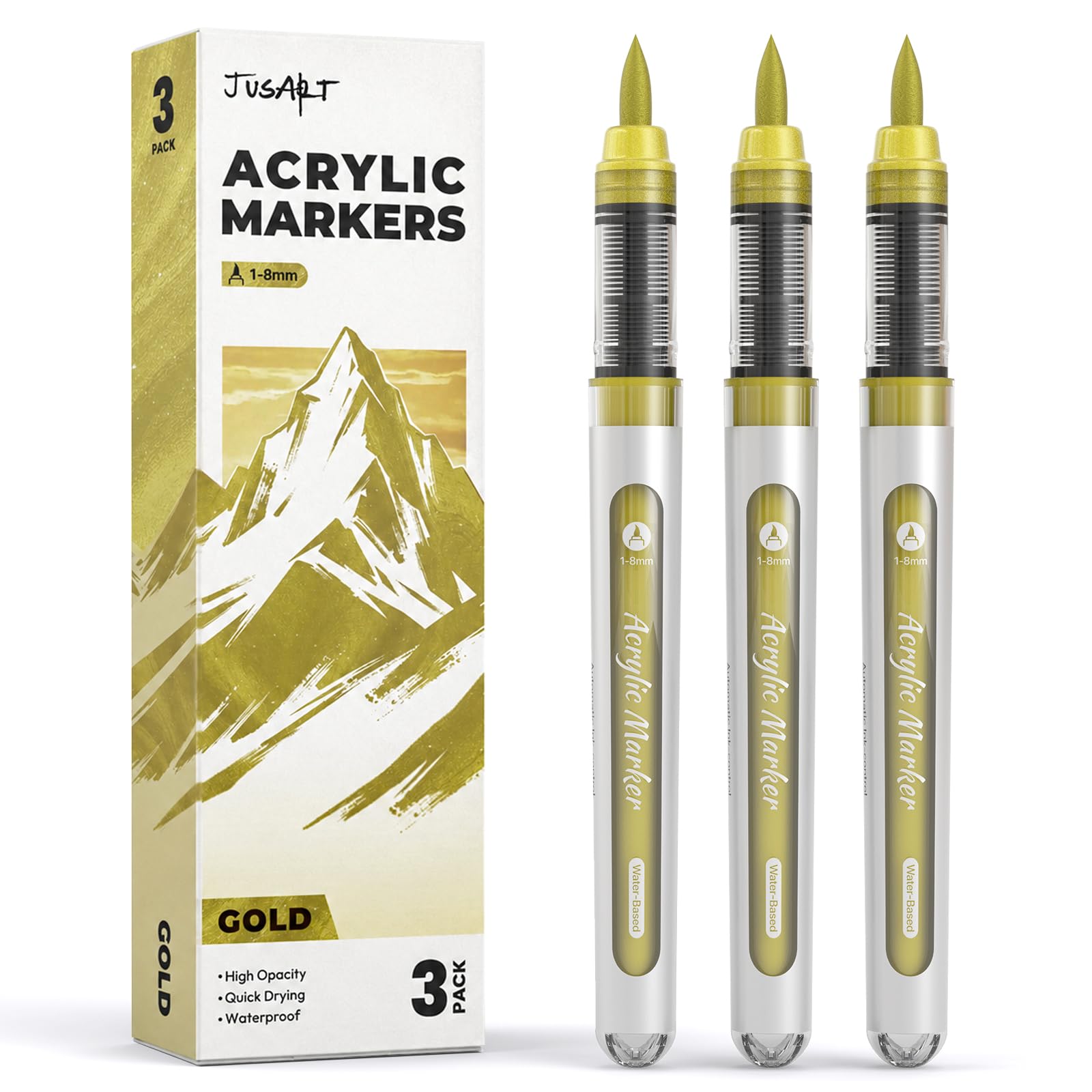 3 Gold Acrylic Paint Markers Brush Tip, Automatic Ink Control