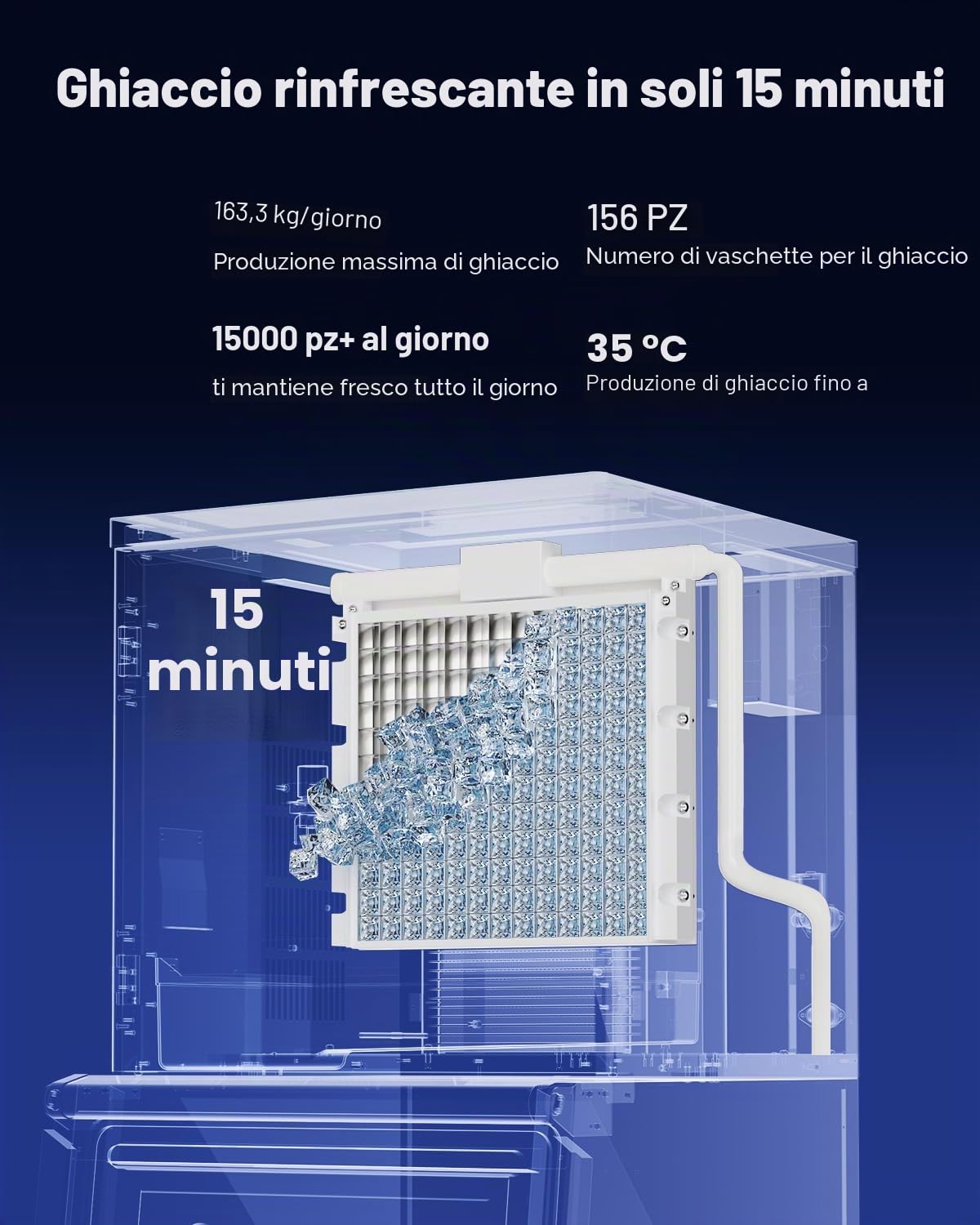 VEVOR Macchina per Ghiaccio Commerciale Capacità di Produzione 163kg/giorno Macchina con Contenitore per Cubetti di Ghiaccio Autopulente Schermo a Tocco Capienza 113kg, Bar Ristorante Hotel