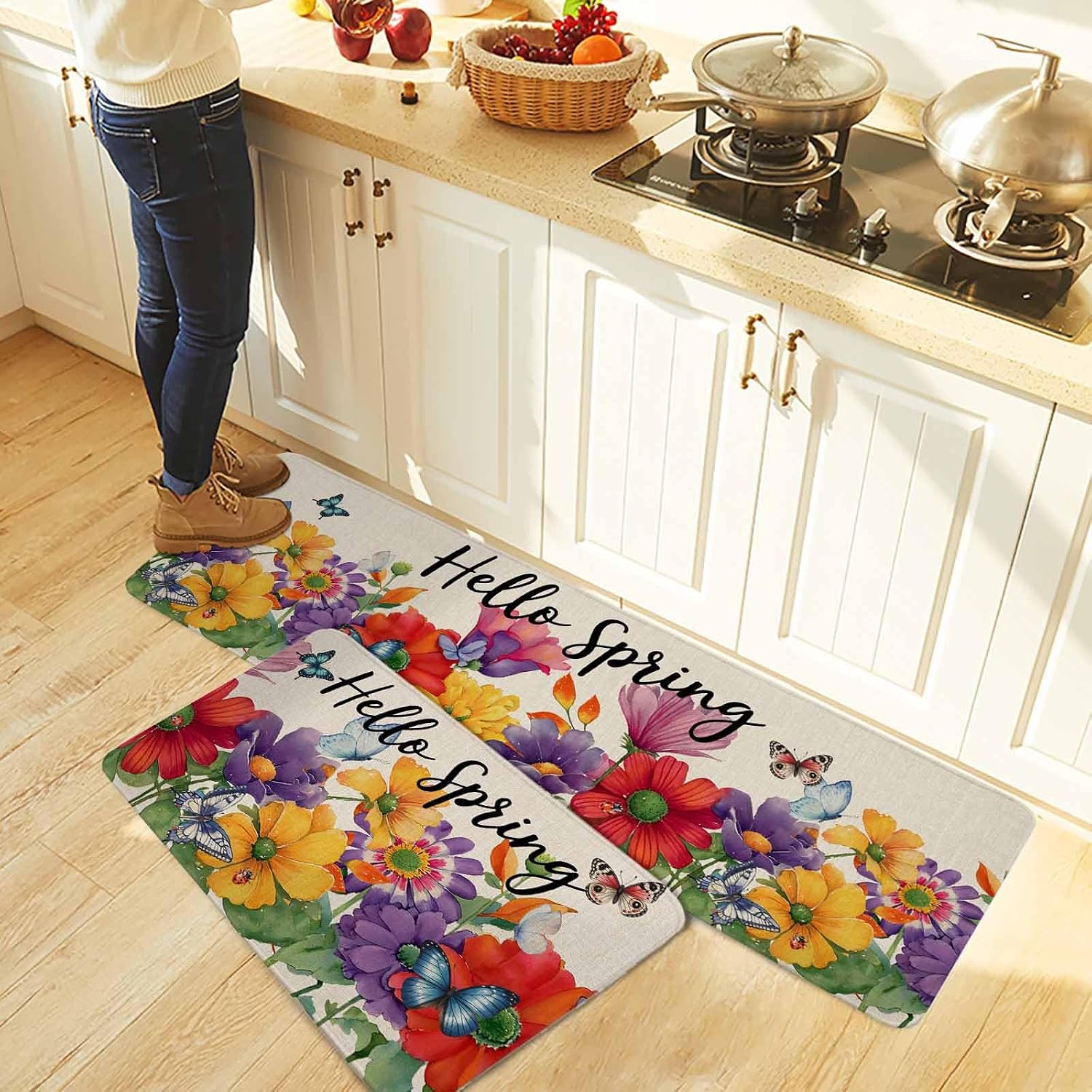 Spring Flowers Kitchen Rugs and Mats Set of 2, Non-Slip Kitchen Sink Mat, Farmhouse Vintage Country Colorful Floral Washable Doormat Bathroom Rugs Runner for Bedroom/Living Room 17.7"x30"+17.7"x47.2"