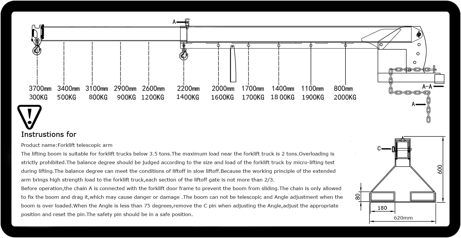 LGXEnzhuo 4400LB Forklift Jib Boom Crane, Forklift Mobile Crane Lifting Hoist with 2 Hooks, Boom Length 7-11 ft, Adjustable Angle 0-75°, Forklift Boom Attachment Towing Handling Equipment